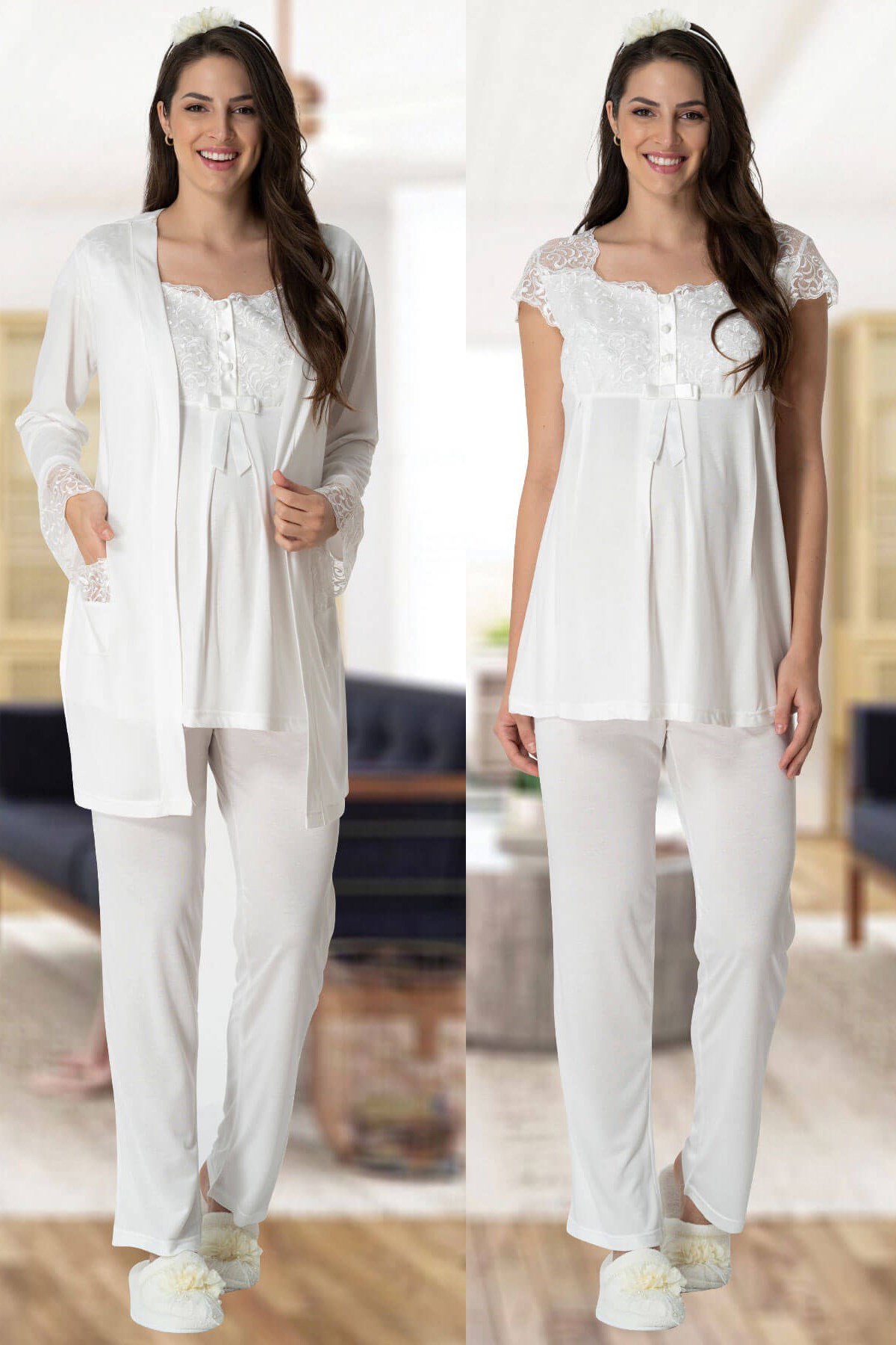 Mecit 5420 Ekru Dantel Sabahlıklı Lohusa Pijama takımıkımı