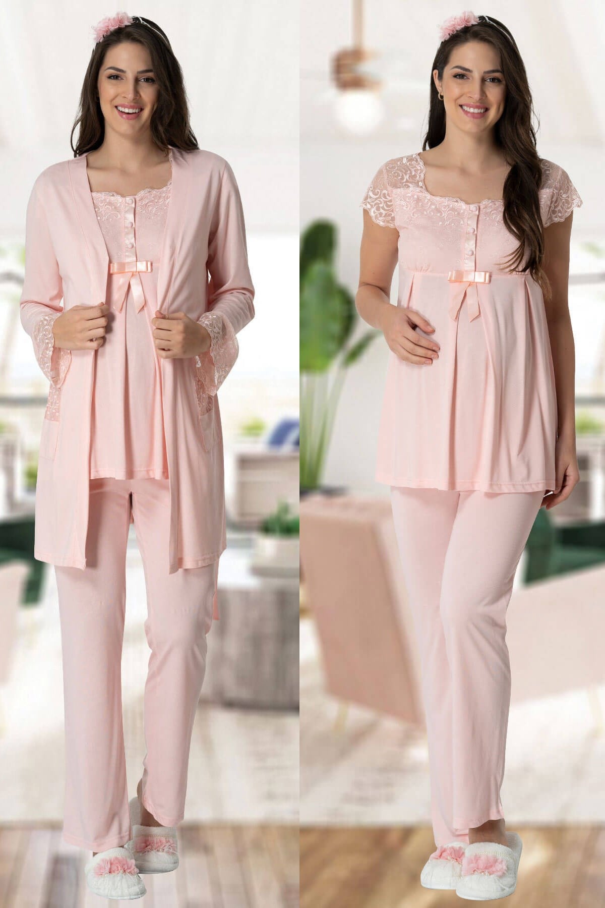 Mecit 5420 Pudra Dantel Sabahlıklı Lohusa Pijama takımıkımı