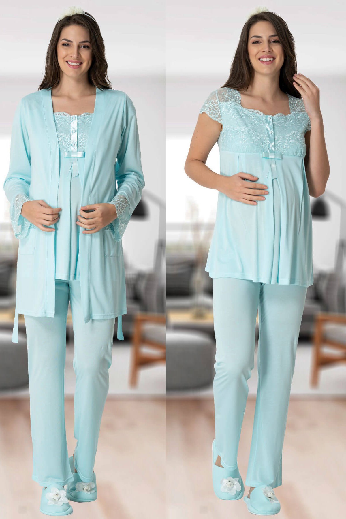 Mecit 5420 Turkuaz Dantel Sabahlıklı Lohusa Pijama takımıkımı
