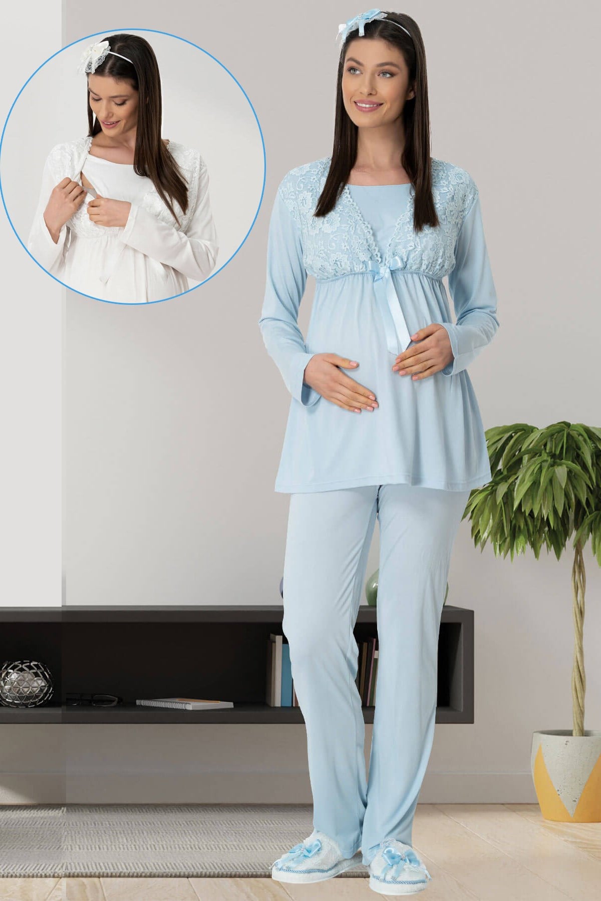 Mecit 5421 Mavi Gizli Emzirme Özellikli Lohusa Pijama