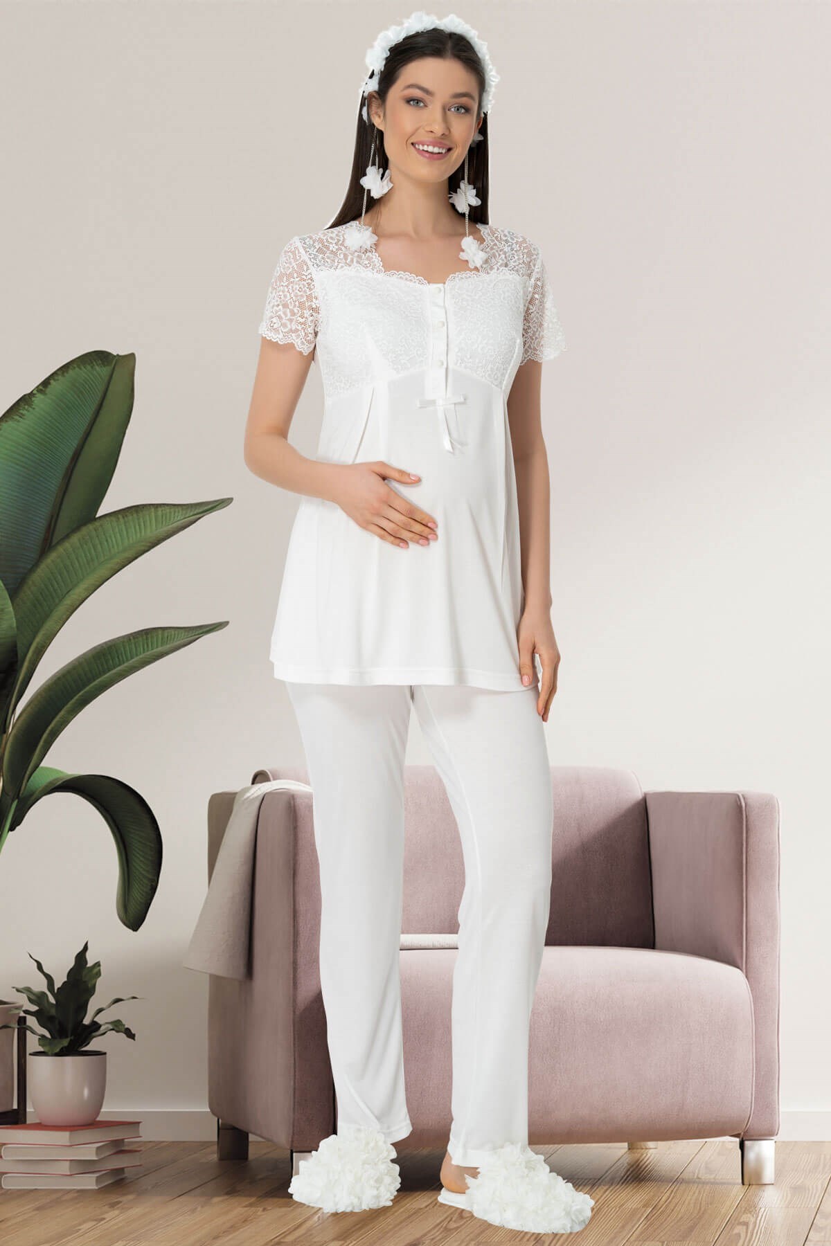 Mecit 5422 Ekru Dantel Detaylı Lohusa Pijama