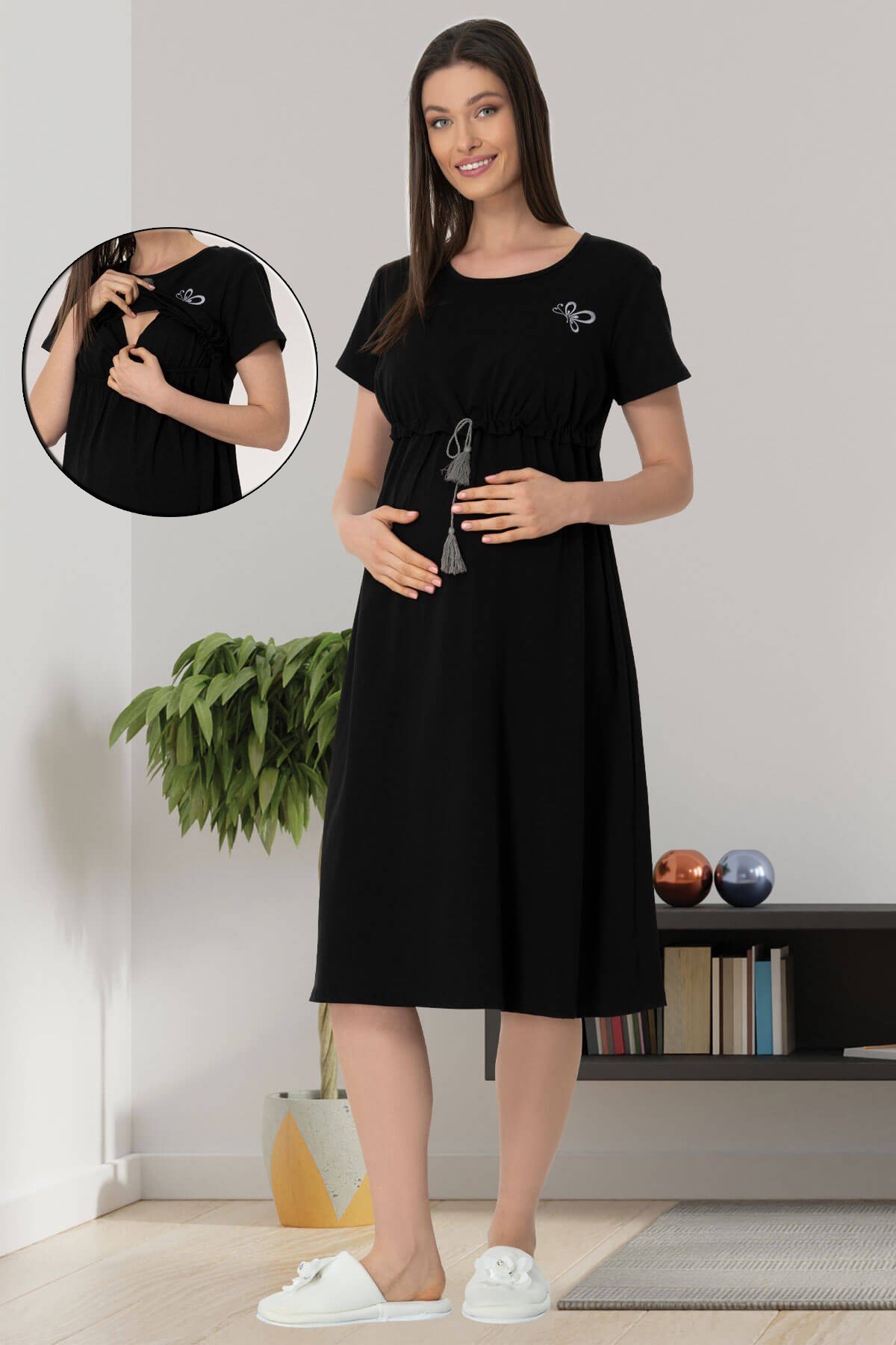 Mecit 5427 Siyah Emzirme Özellikli Hamile Lohusa Elbise