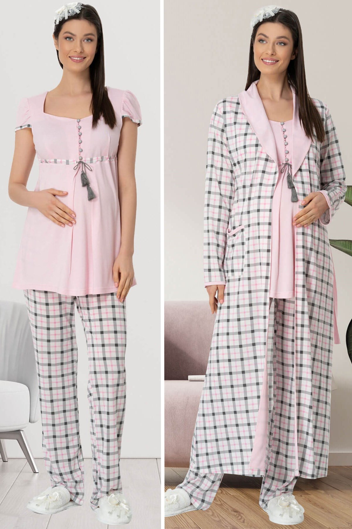 Mecit 5435 Pembe Ekose Detaylı Sabahlıklı Lohusa Pijama