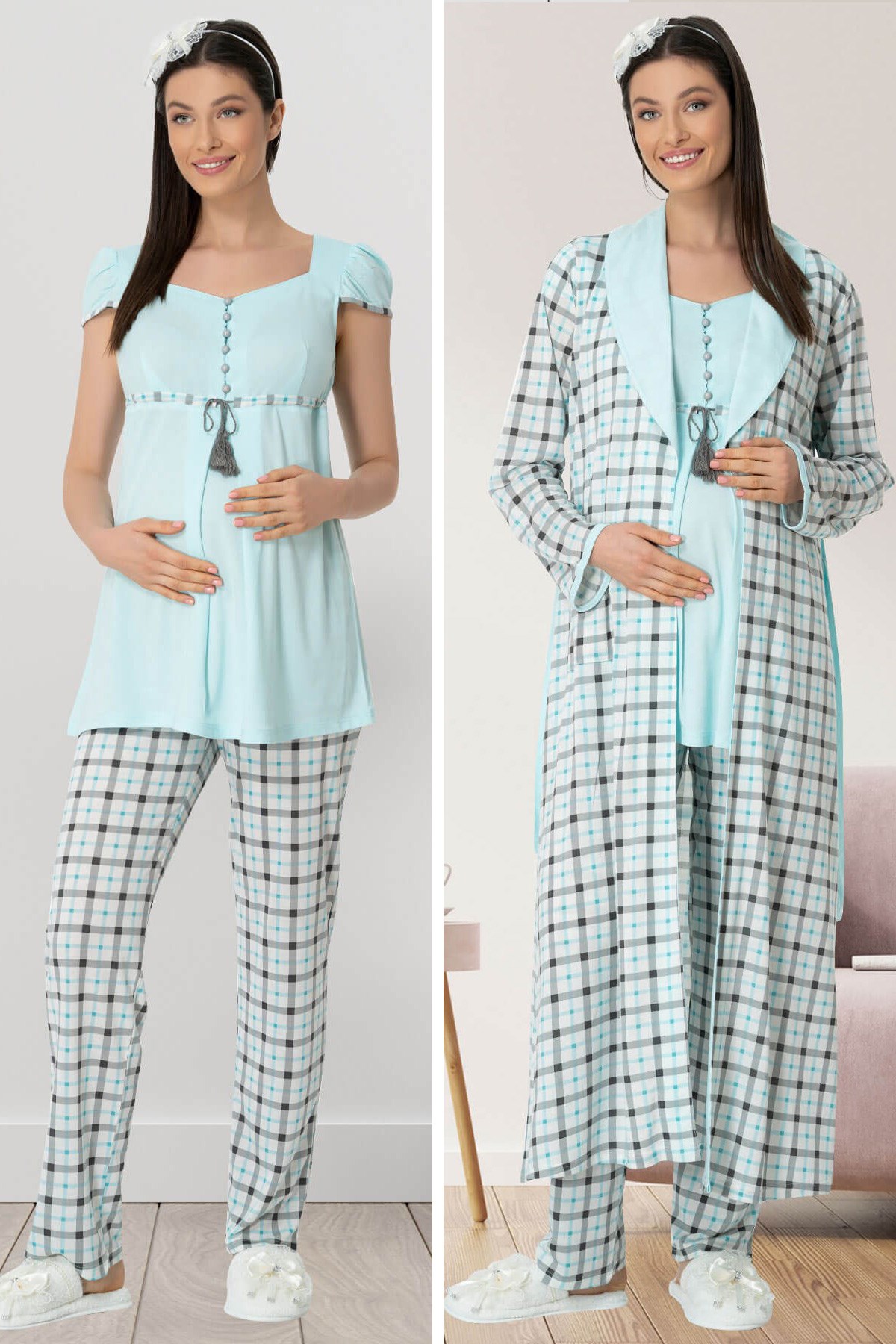 Mecit 5435 Turkuaz Ekose Detaylı Sabahlıklı Lohusa Pijama