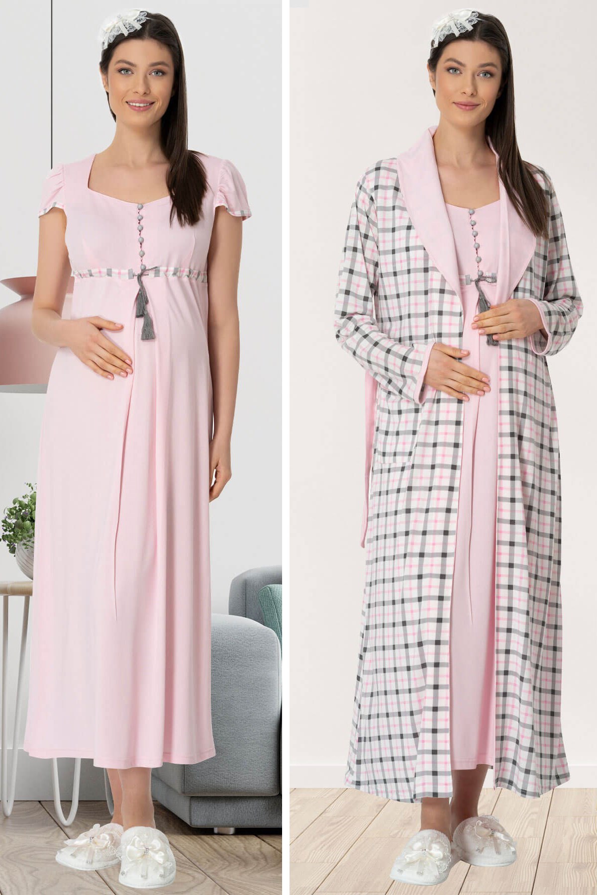 Mecit 5436 Pembe Ekose Detaylı Sabahlıklı Lohusa Gecelik
