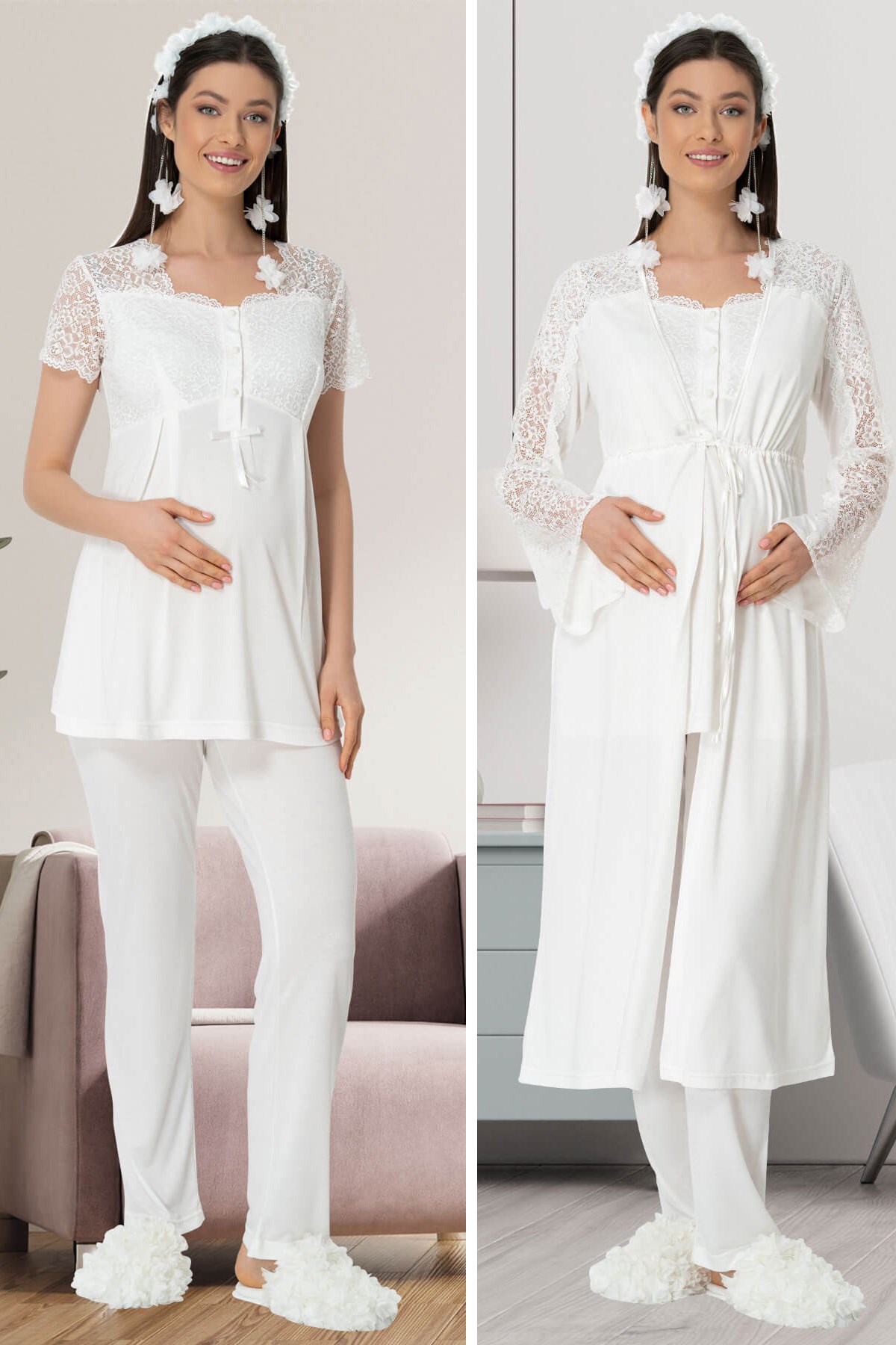 Mecit 5438 Ekru Dantel Detaylı Sabahlıklı Lohusa Pijama