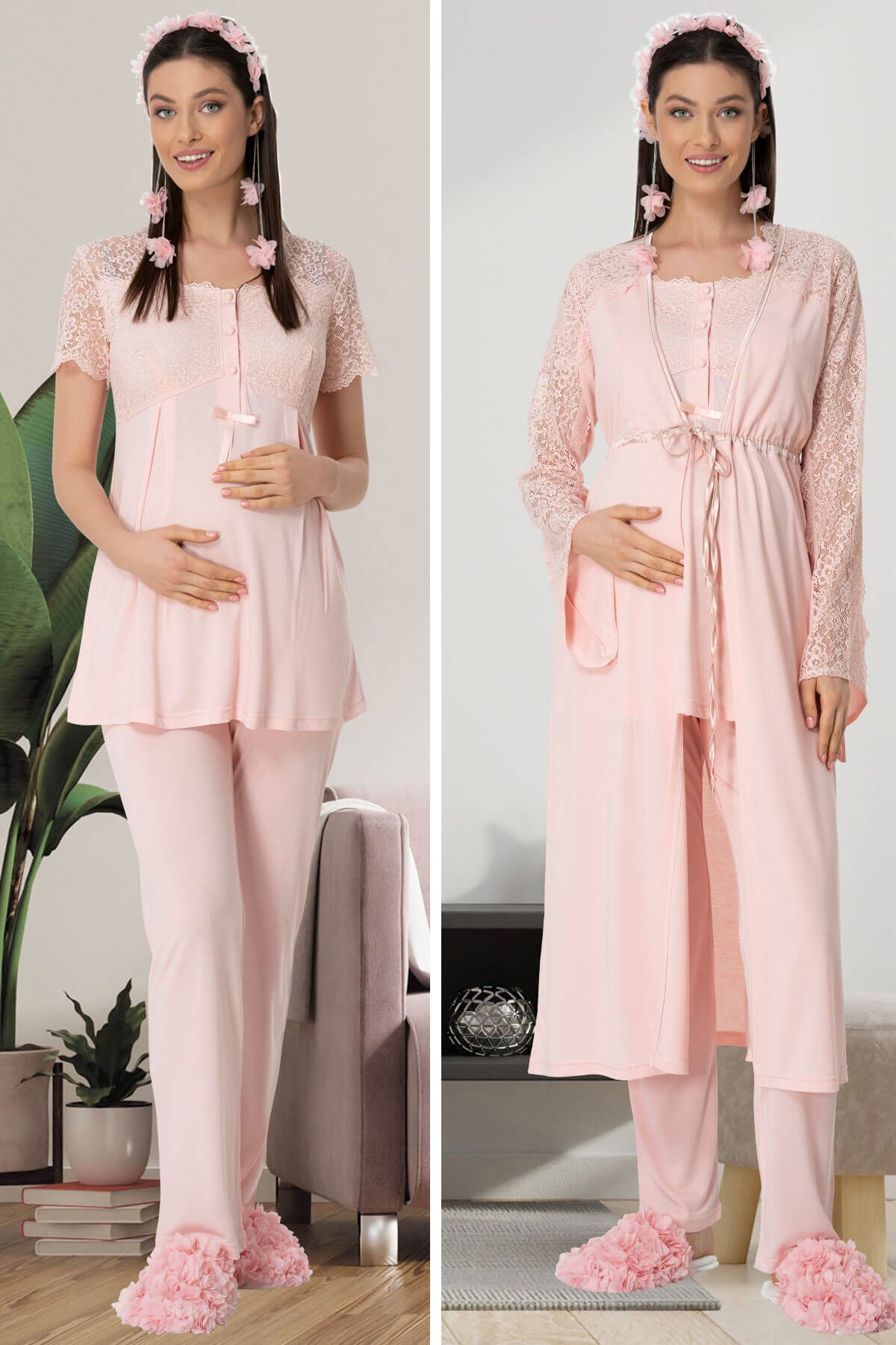 Mecit 5440 Pudra Dantel Detaylı Sabahlıklı Lohusa Pijama