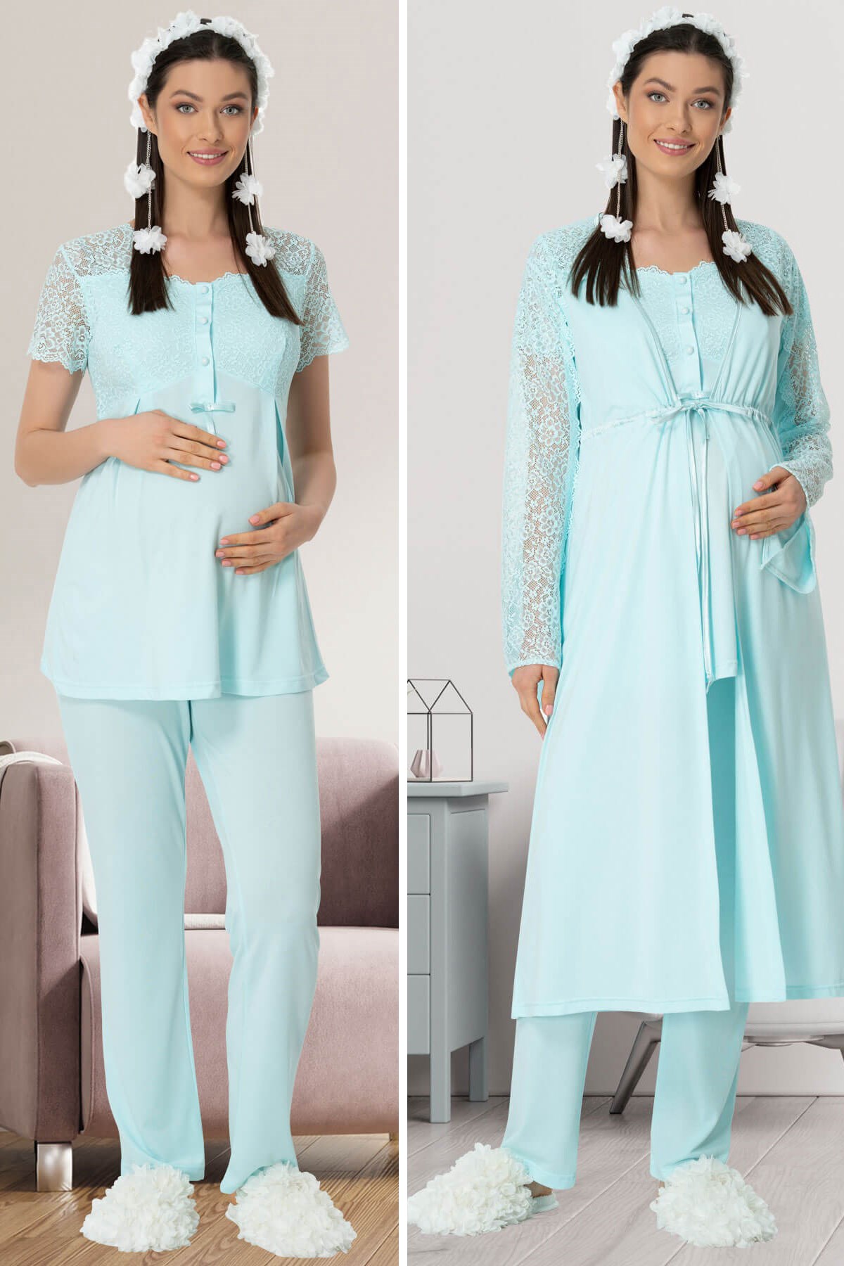 Mecit 5440 Turkuaz Dantel Detaylı Sabahlıkı Lohusa Pijama