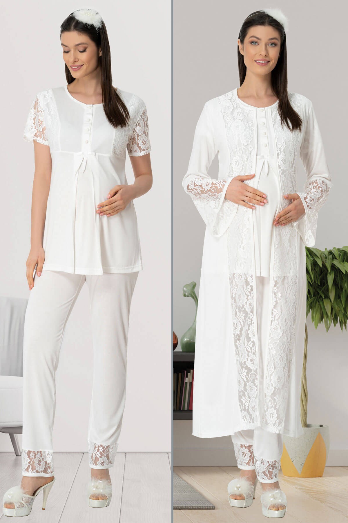 Mecit 5443 Ekru Lez Dantelli Sabahlıklı Lohusa Pijama Takımı