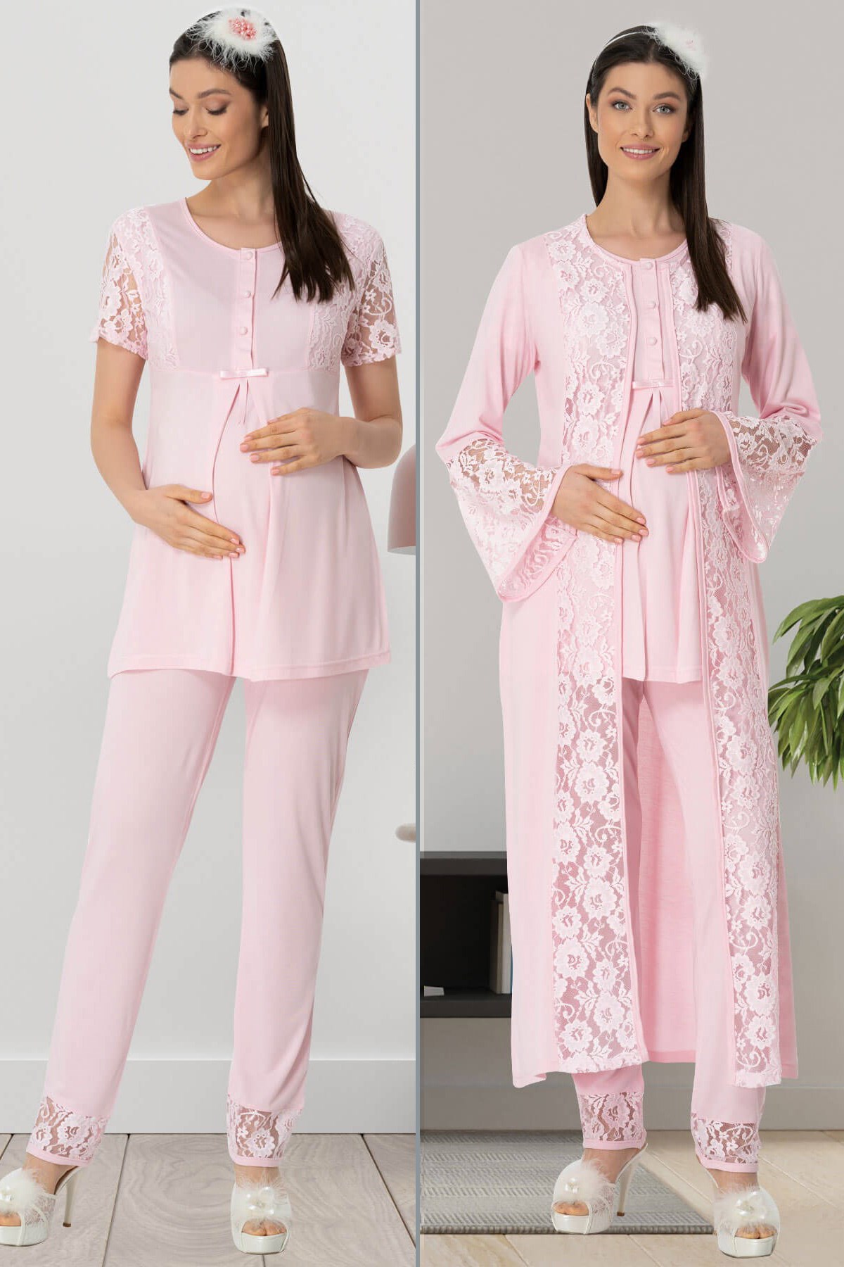 Mecit 5443 Pembe Lez Dantelli Sabahlıklı Lohusa Pijama Takımı