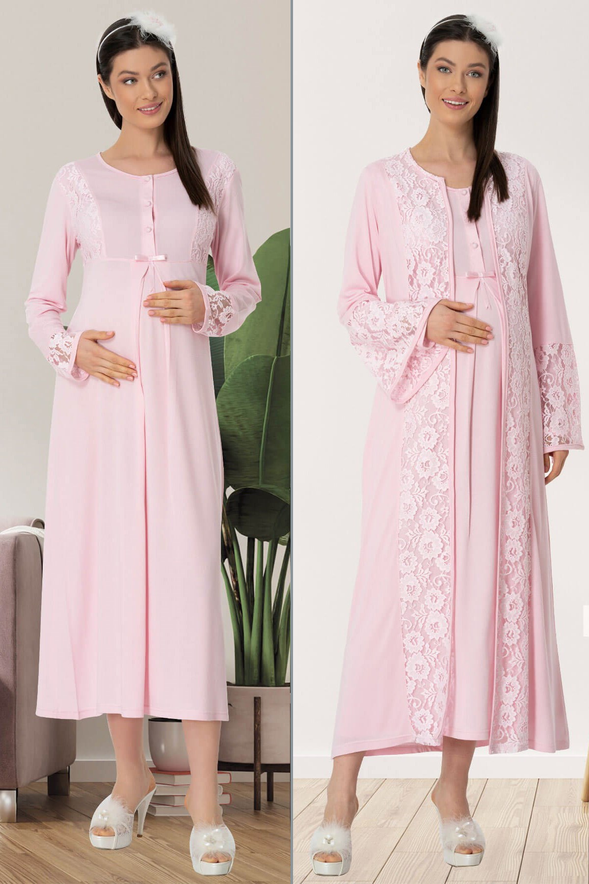 Mecit 5444 Pembe Lez Dantelli Sabahlıklı Lohusa Gecelik Takımı