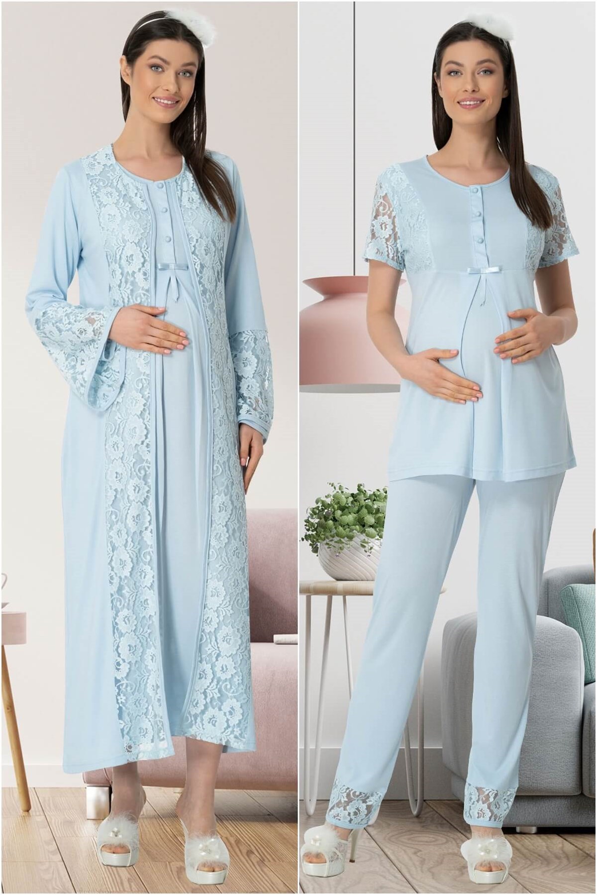 Mecit 5445 Mavi Lez Dantelli Lohusa hamile 4lü Set