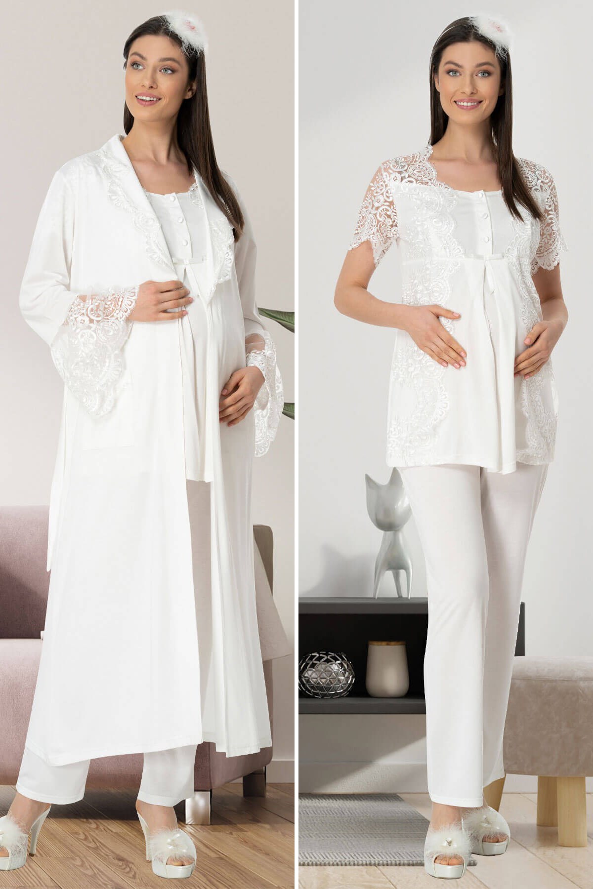 Mecit 5448 Ekru Sabahlıklı Lohusa Pijama Takımı