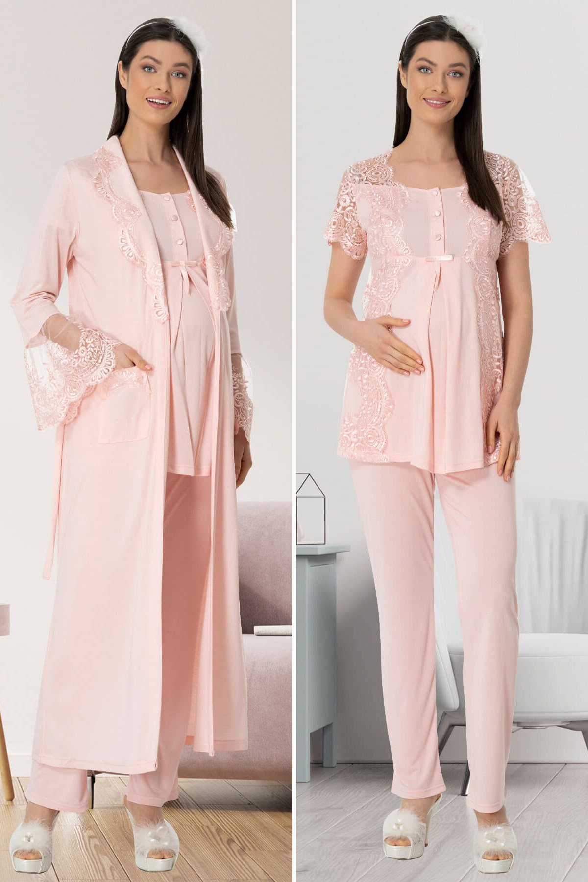 Mecit 5448 Pudra Sabahlıklı Lohusa Pijama Takımı