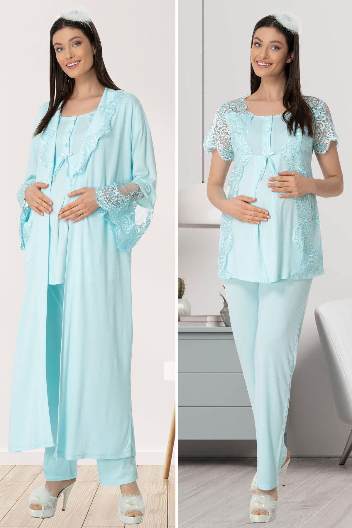 Mecit 5448 Turkuaz Sabahlıklı Lohusa Pijama Takımı