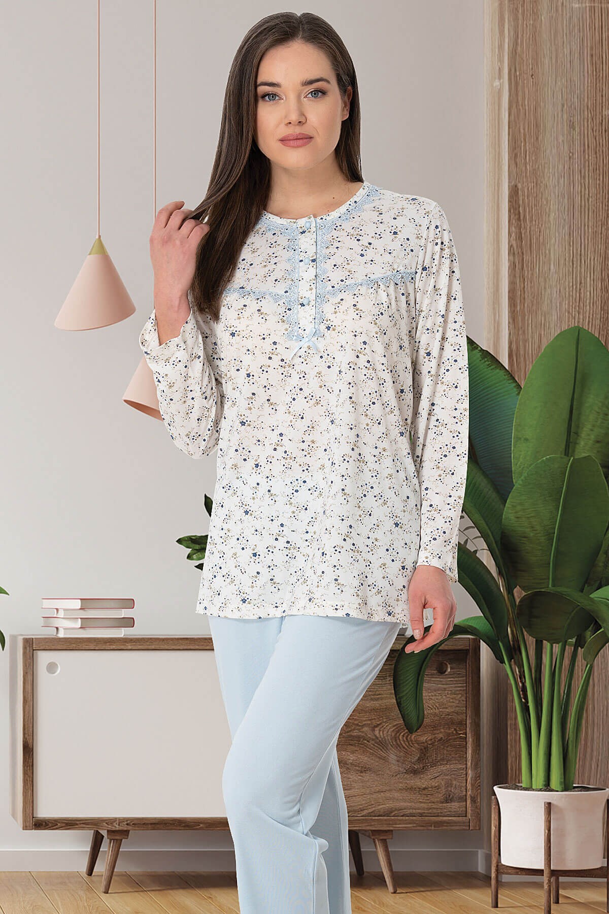 Mecit 5465 Mavi Büyük Beden Kadın Pijama Takımı