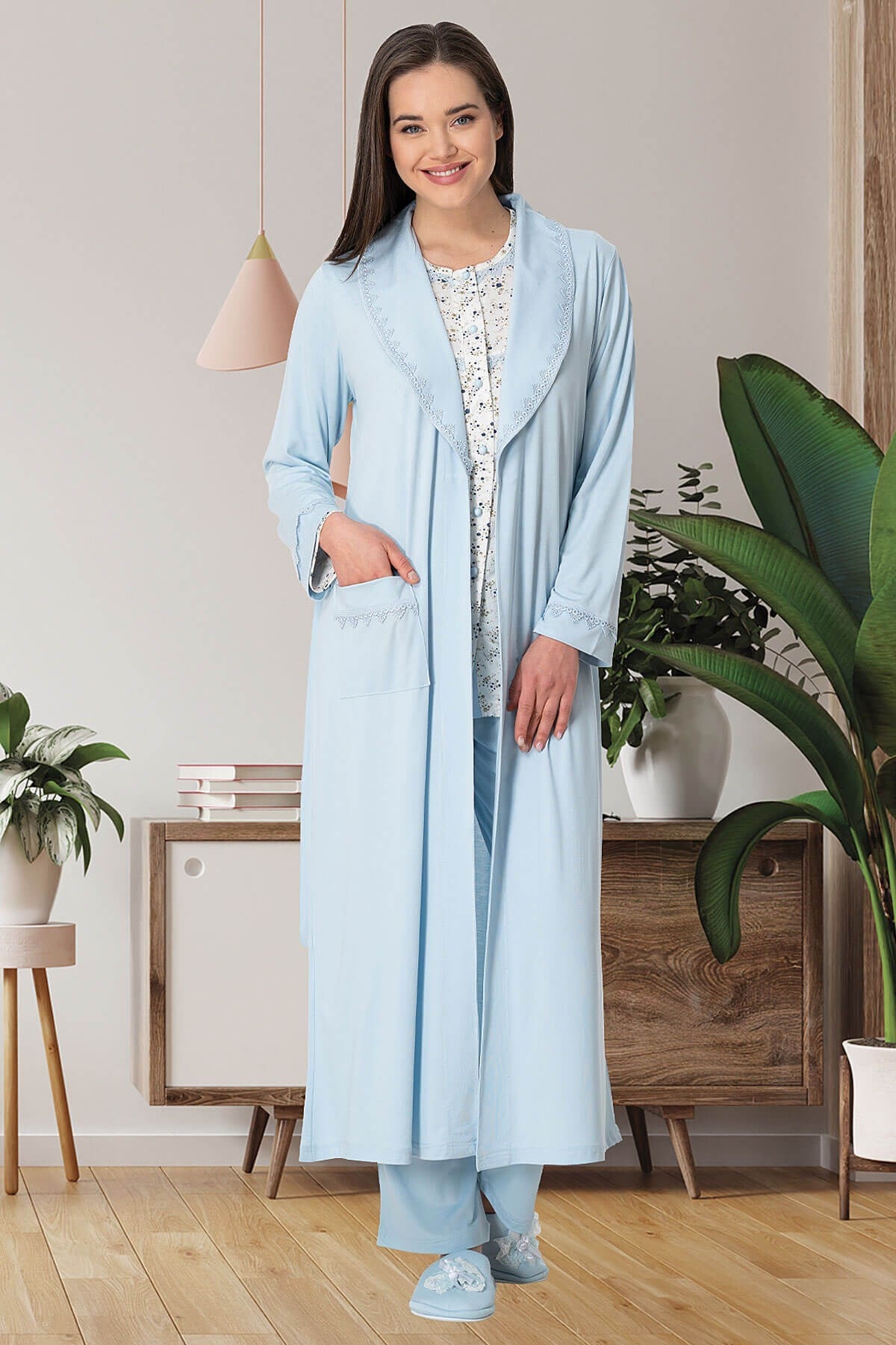 Mecit 5510 Mavi Büyük Beden Önden Düğmeli Sabahlıklı Pijama Takımı