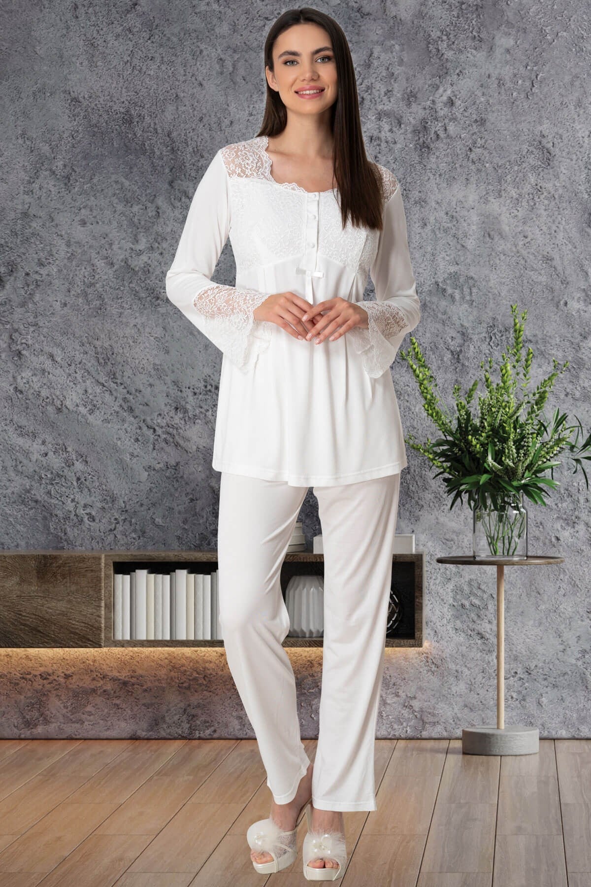 Mecit 5526 Ekru Dantel Detaylı Lohusa Pijama Takımı