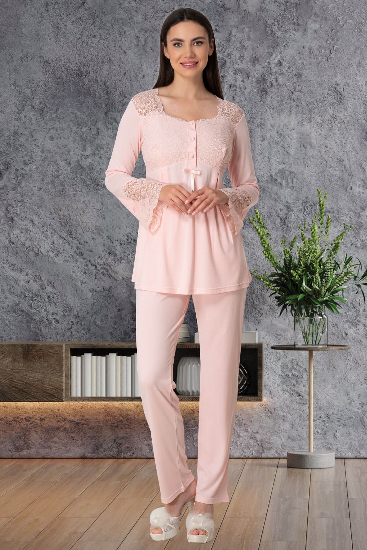 Mecit 5526 Pudra Dantel Detaylı Lohusa Pijama Takımı