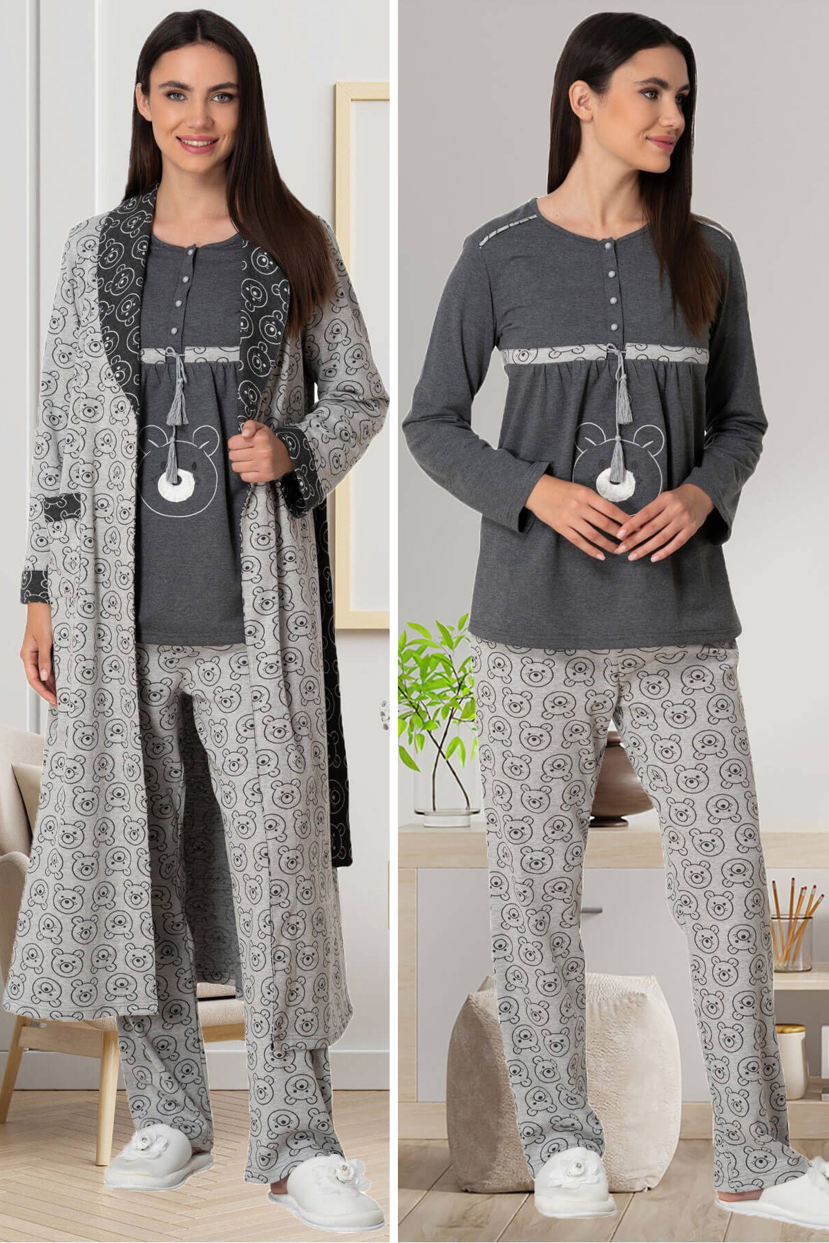 Mecit 5551 Gri Sabahlıklı Lohusa Pijama Takımı