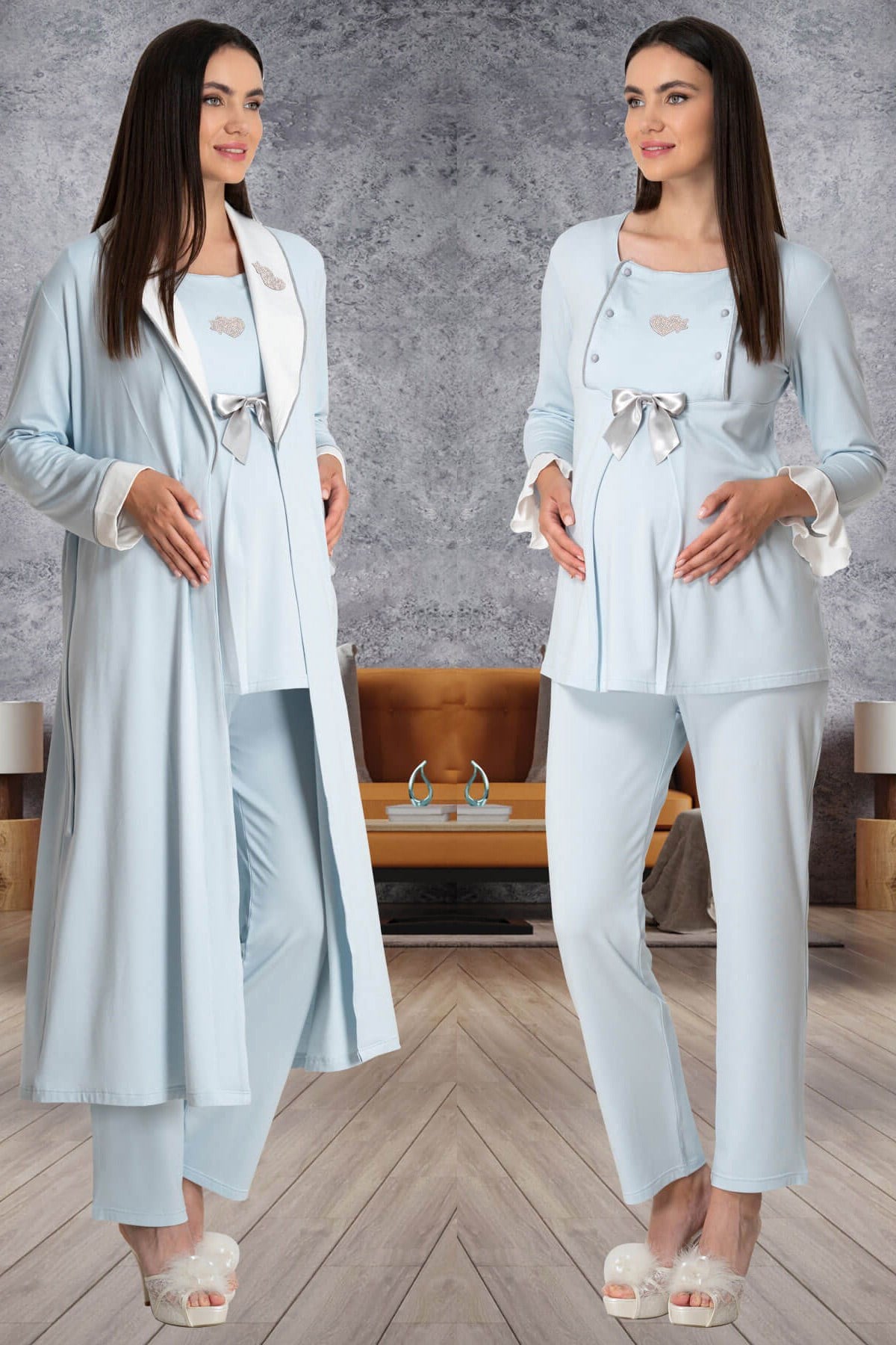 Mecit 5554 Mavi Kolay Emzirme Özelliklı Sabahlıklı Lohusa Pijama Takımı