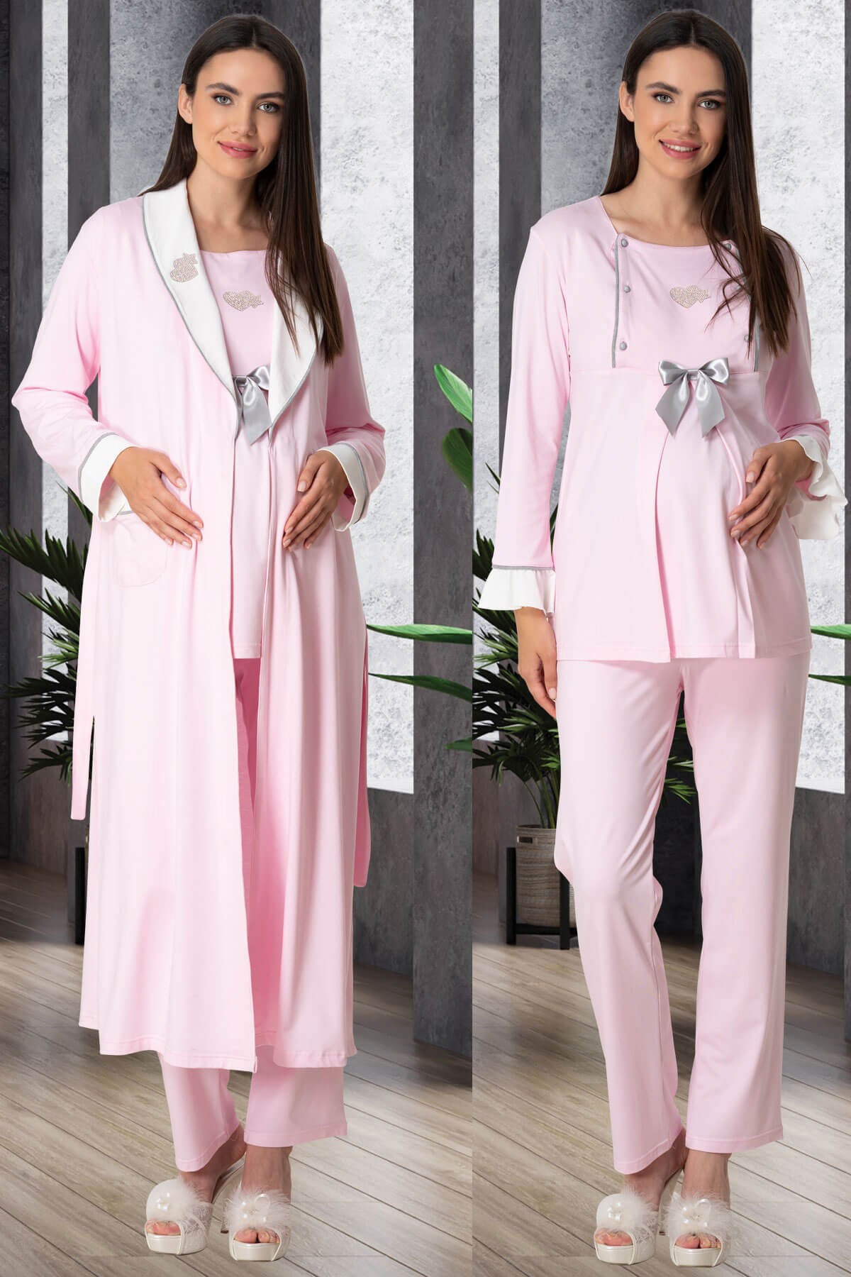 Mecit 5554 Pembe Kolay Emzirme Özelliklı Sabahlıklı Lohusa Pijama Takımı