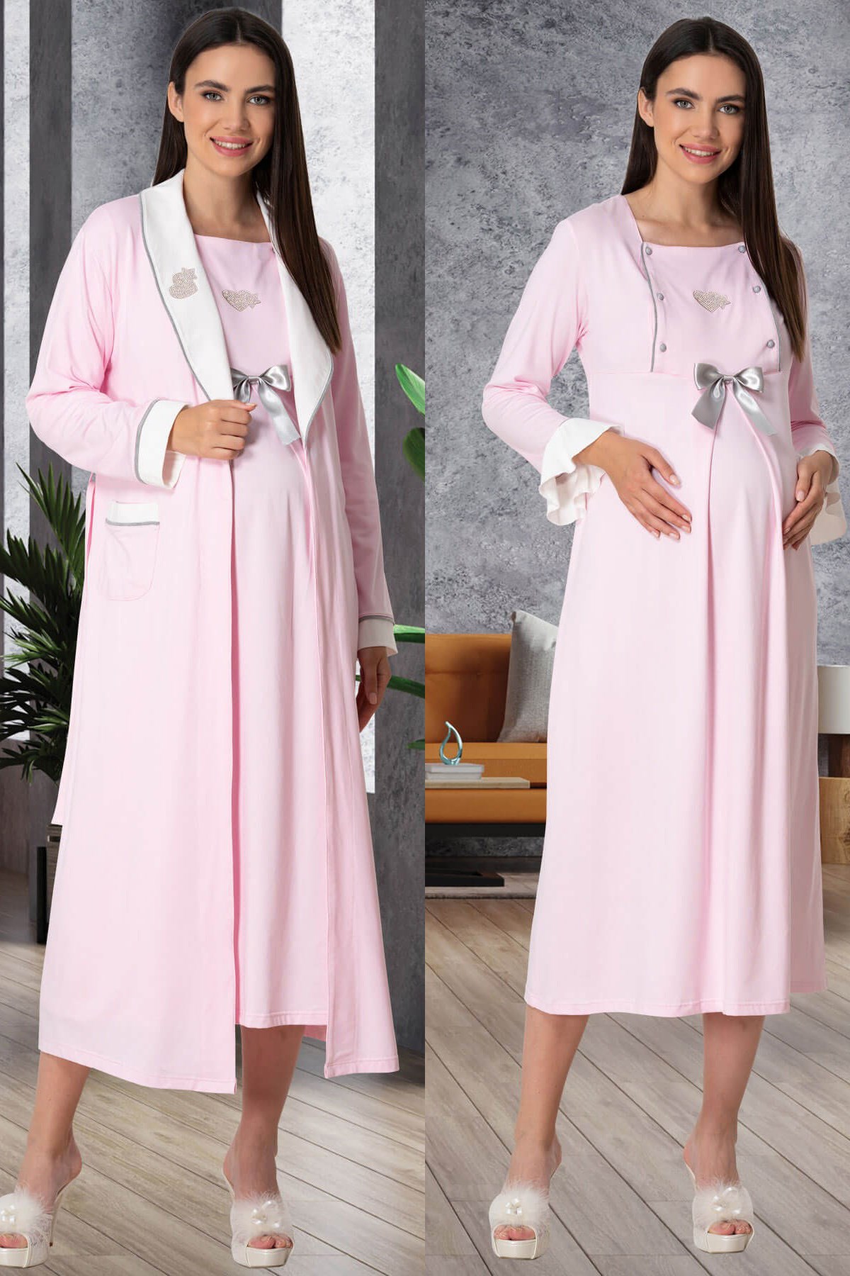 Mecit 5555 Pembe Kolay Emzirme Özelliklı Sabahlıklı Lohusa Gecelik Takımı
