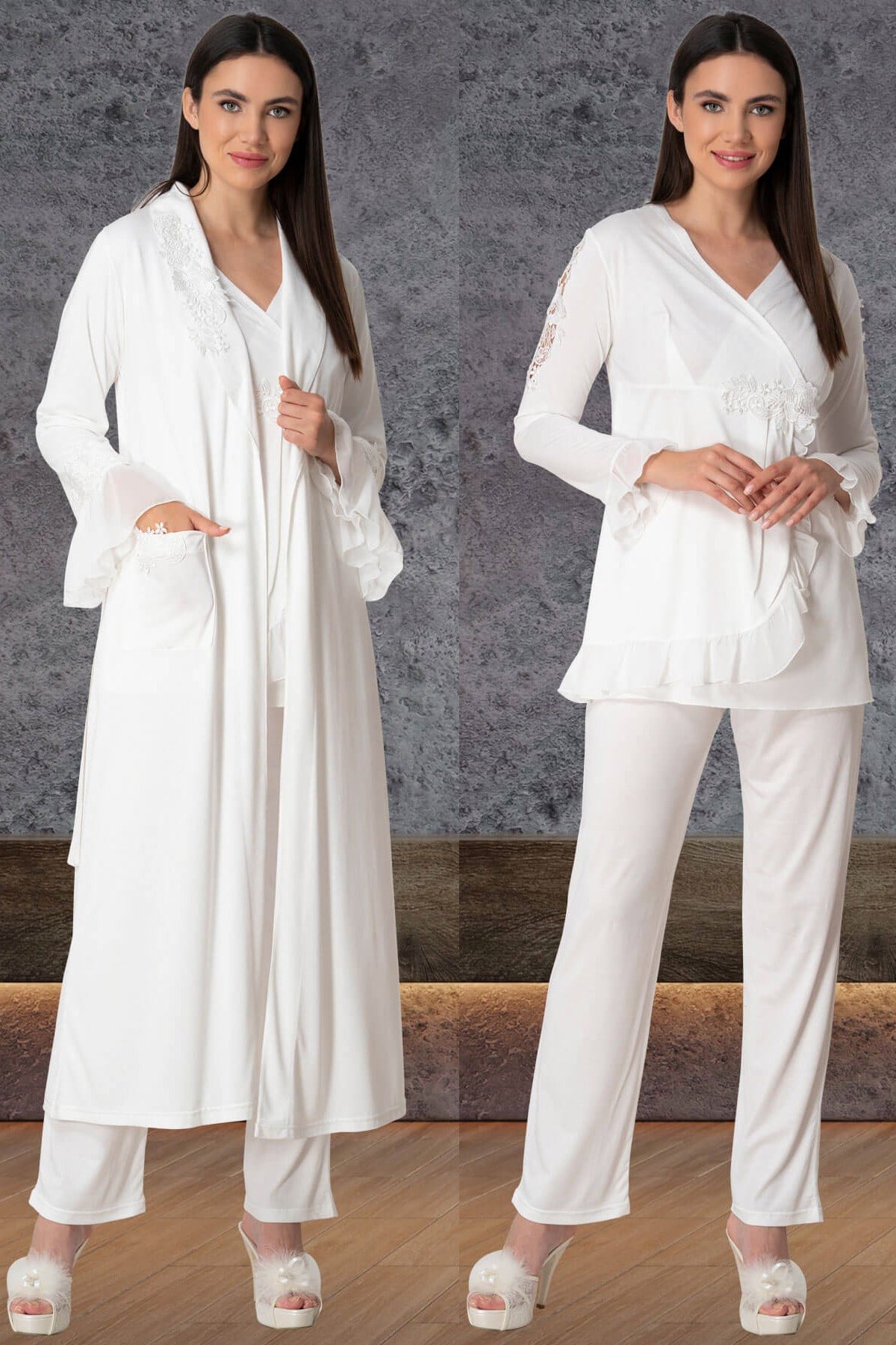 Mecit 5557 Ekru Kruvaze Sabahlıklı Lohusa Pijama Takımı