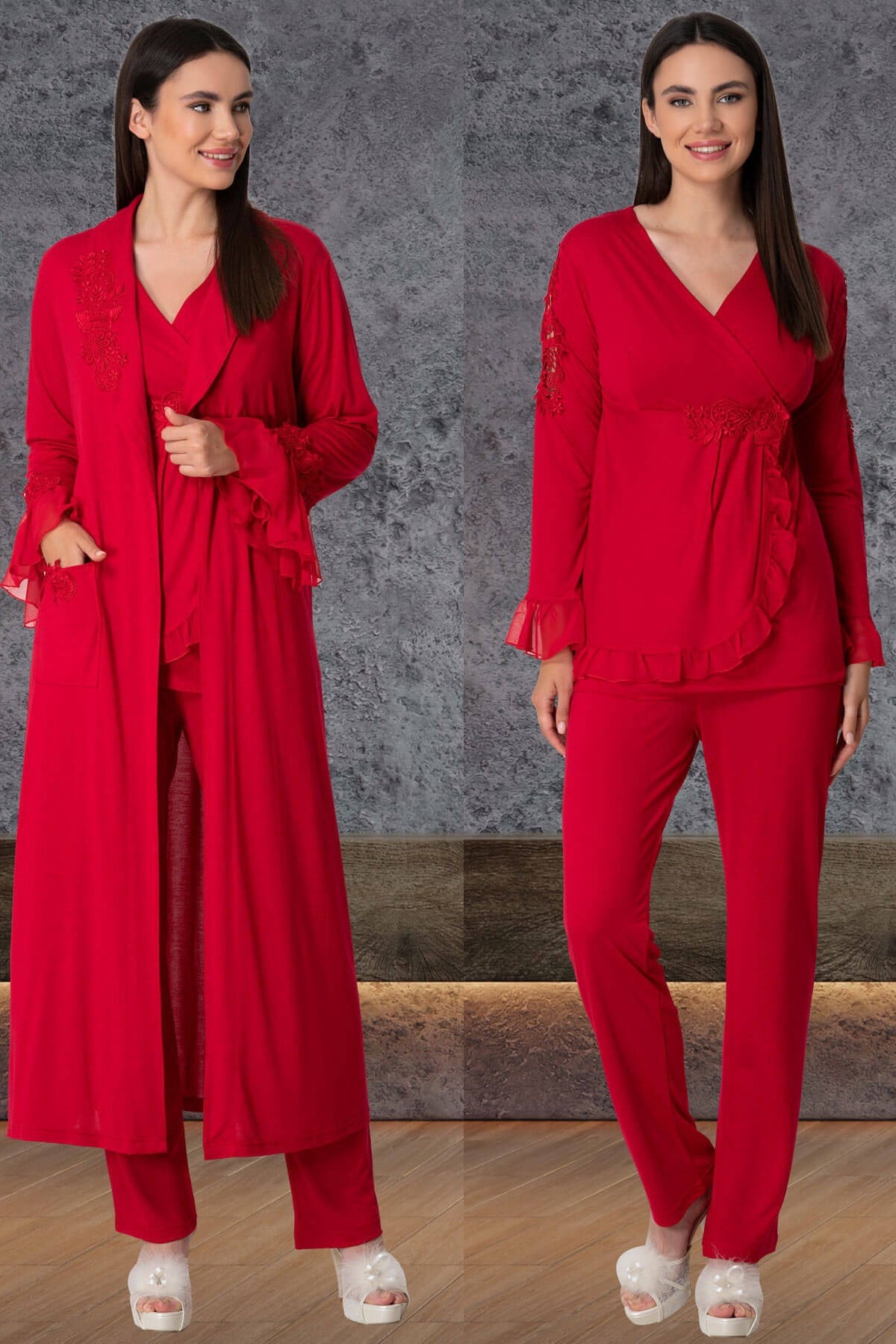 Mecit 5557 Kırmızı Kruvaze Sabahlıklı Lohusa Pijama Takımı