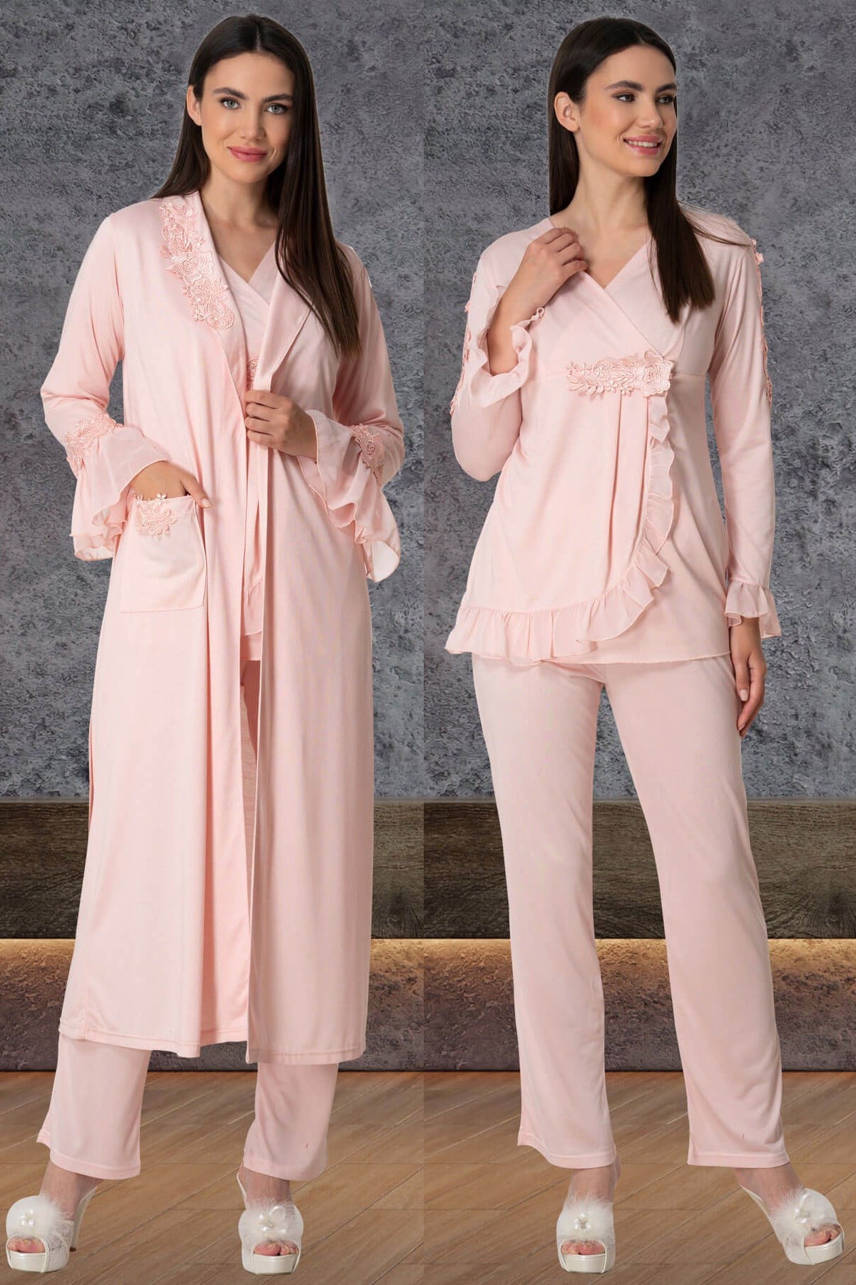 Mecit 5557 Pudra Pembe Kruvaze Sabahlıklı Lohusa Pijama Takımı