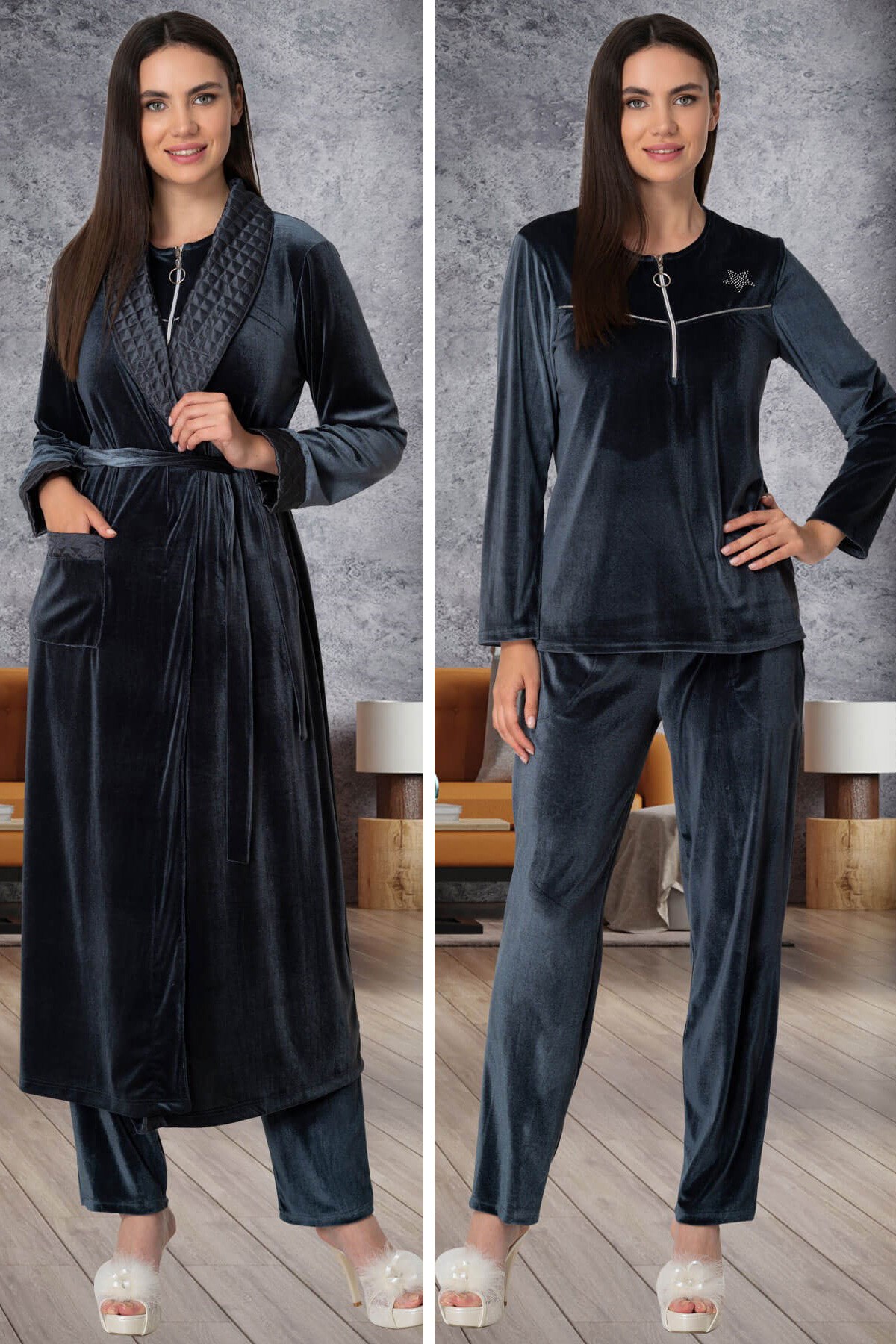 Mecit 5560 Füme Kadife Sabahlıklı Pijama Takımı