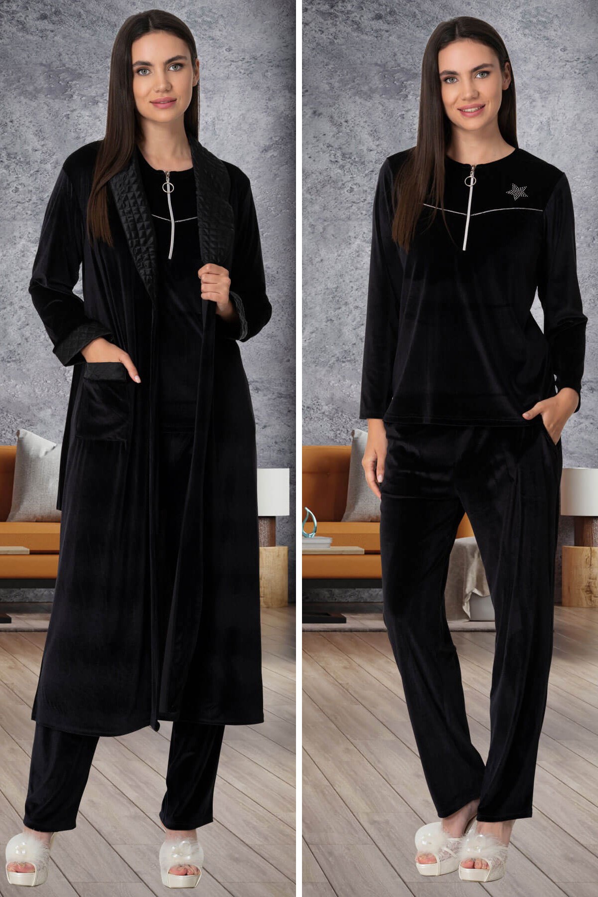 Mecit 5560 Siyah Kadife Sabahlıklı Pijama Takımı