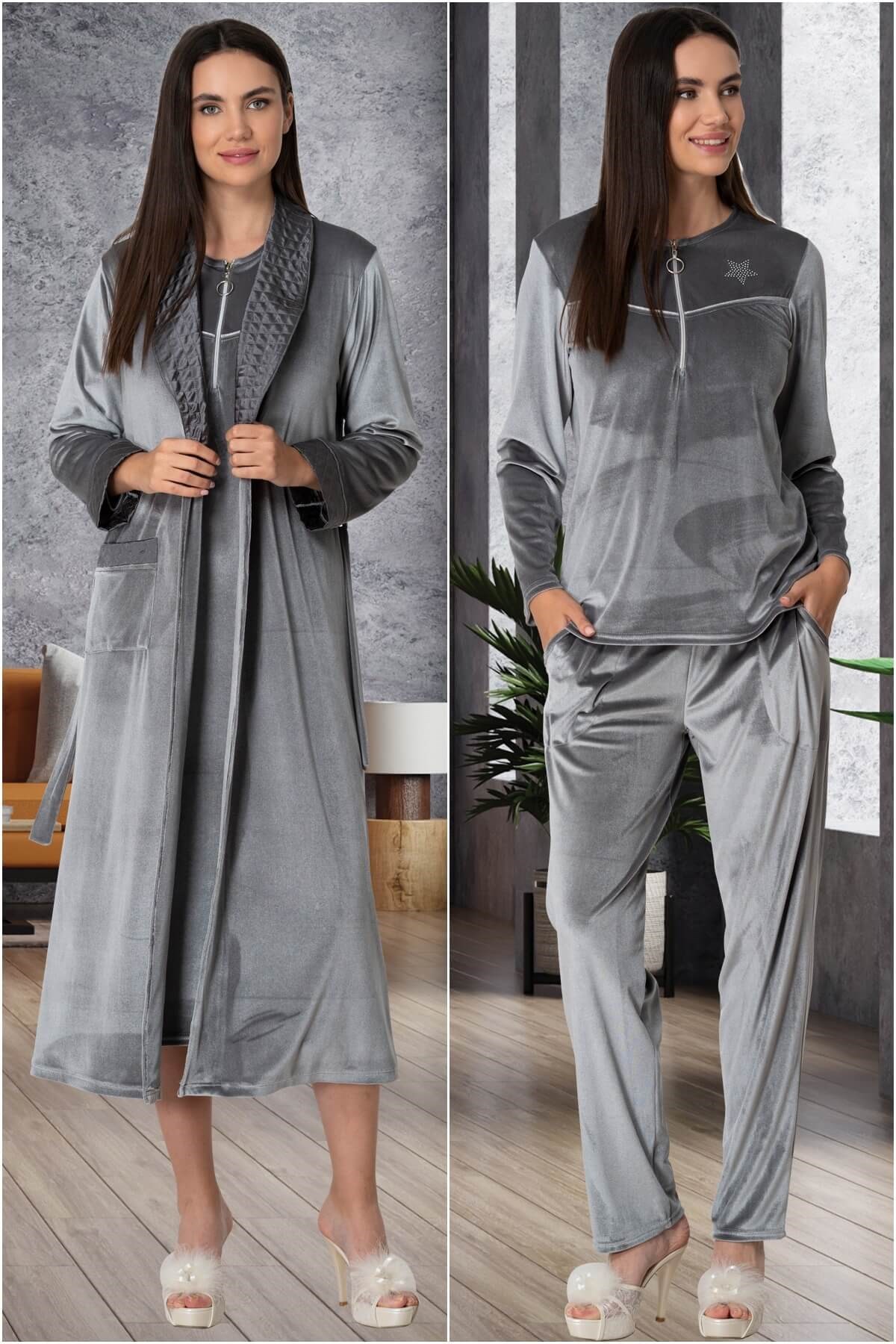 Mecit 5562 Gri Kadife Lohusa Hamile 4lü Set