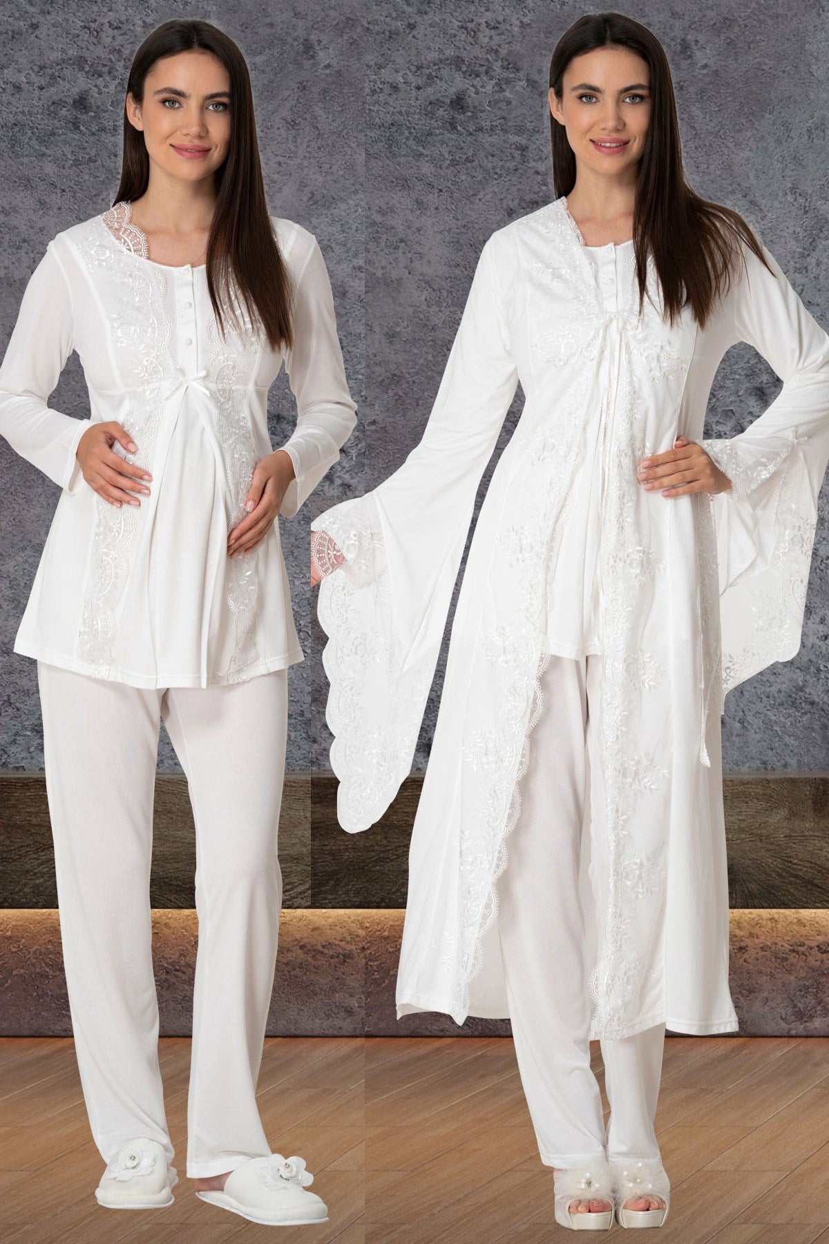 Mecit 5563 Ekru Dantel Sabahlıklı Lohusa Pijama Takımı
