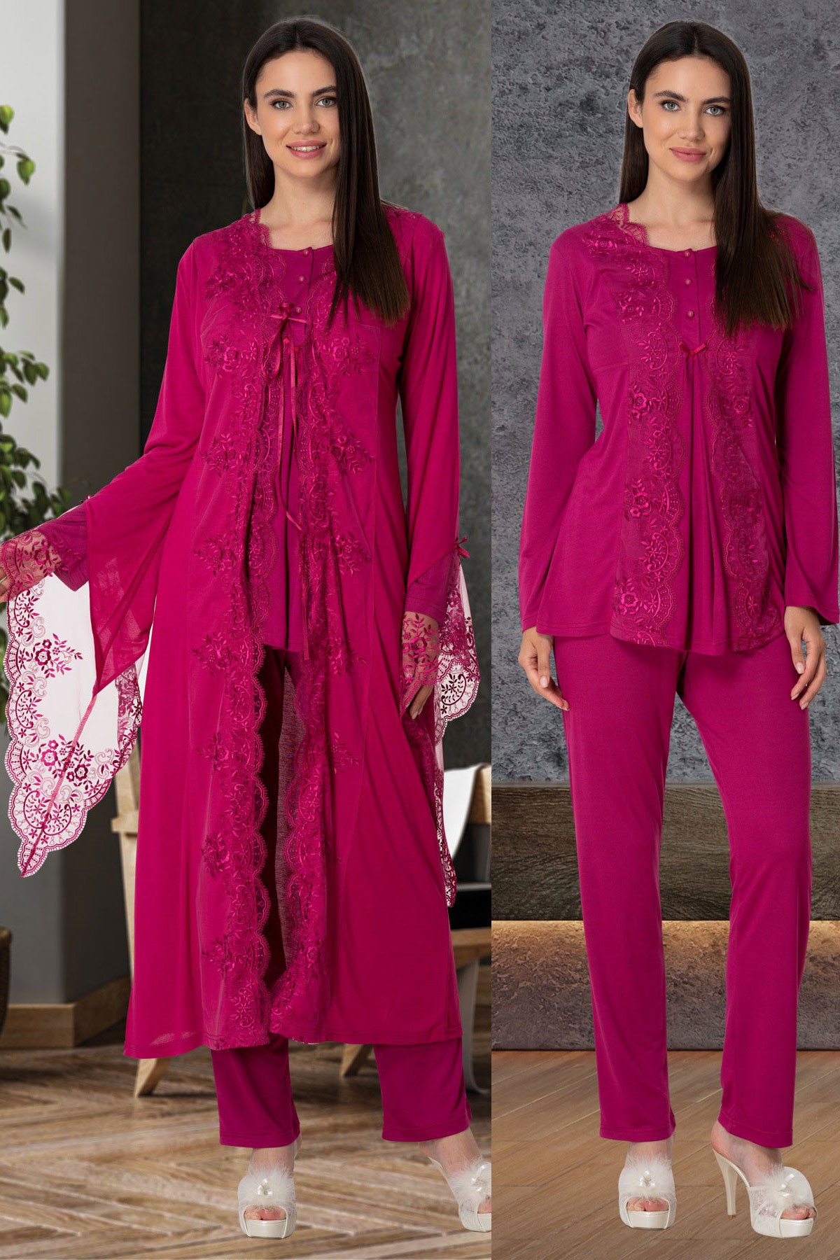 Mecit 5563 Fuşya Dantel Sabahlıklı Lohusa Pijama Takımı
