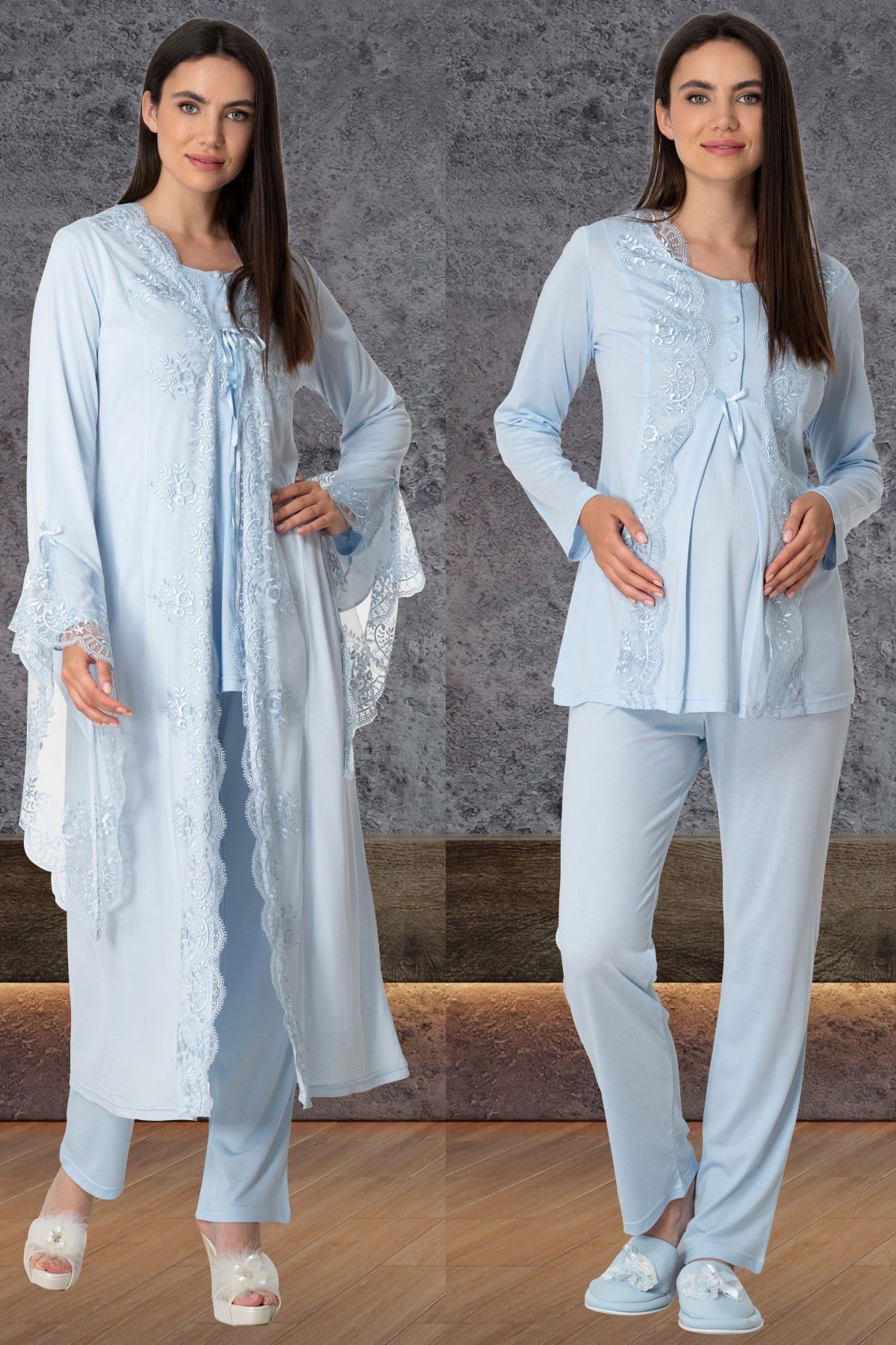 Mecit 5563 Mavi Dantel Sabahlıklı Lohusa Pijama Takımı