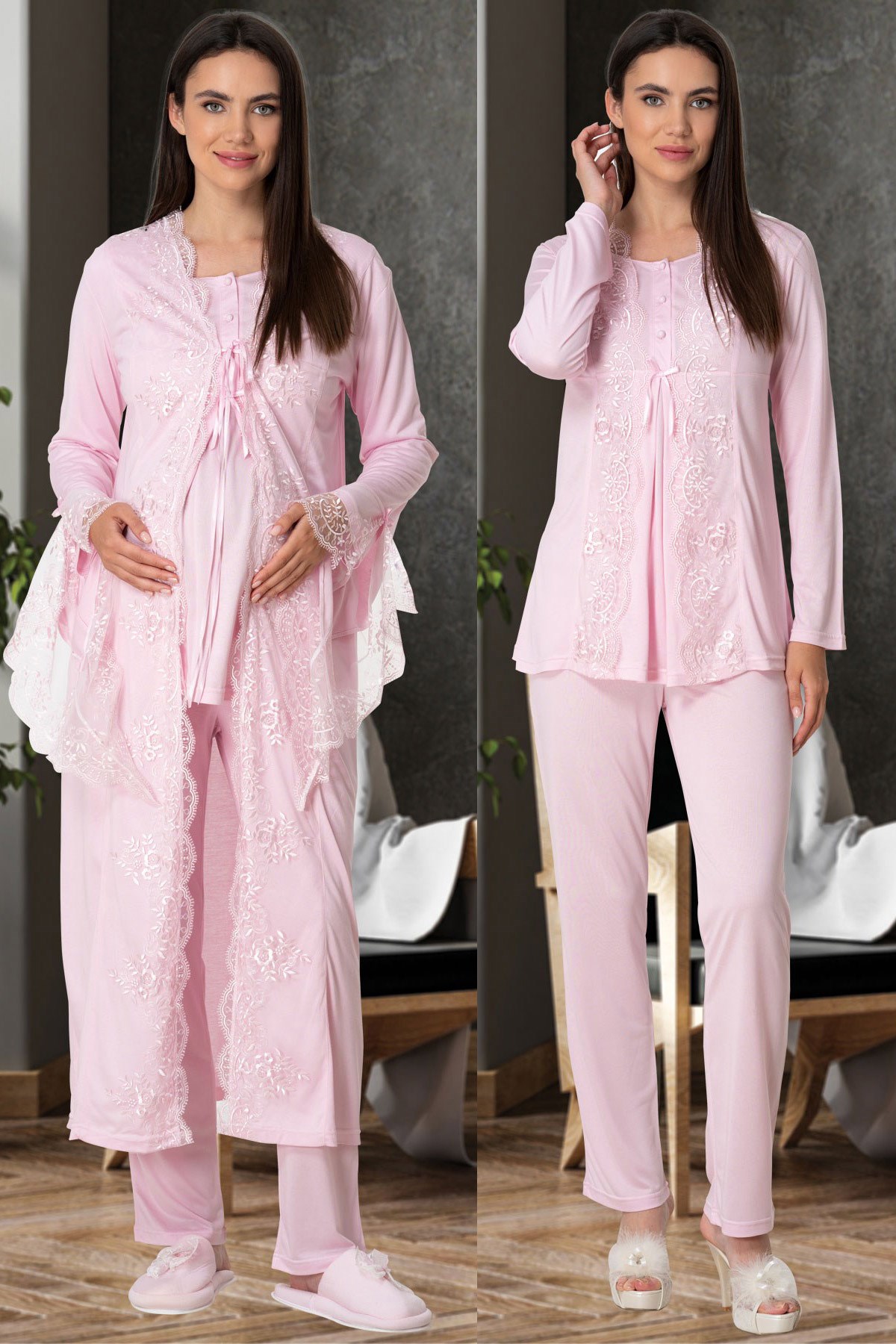 Mecit 5563 Pembe Dantel Sabahlıklı Lohusa Pijama Takımı