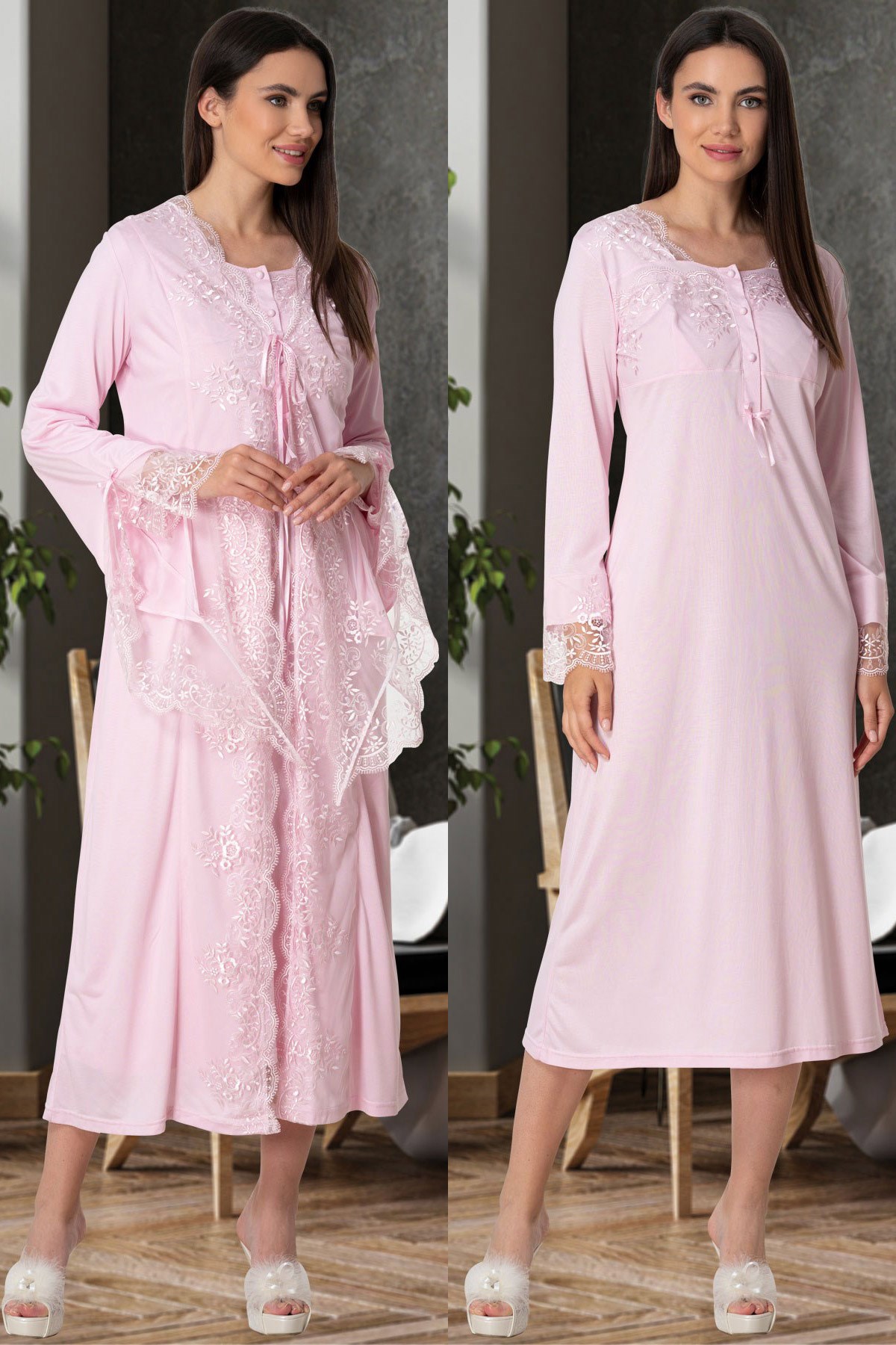 Mecit 5564 Pembe Dantel Sabahlıklı Lohusa Gecelik