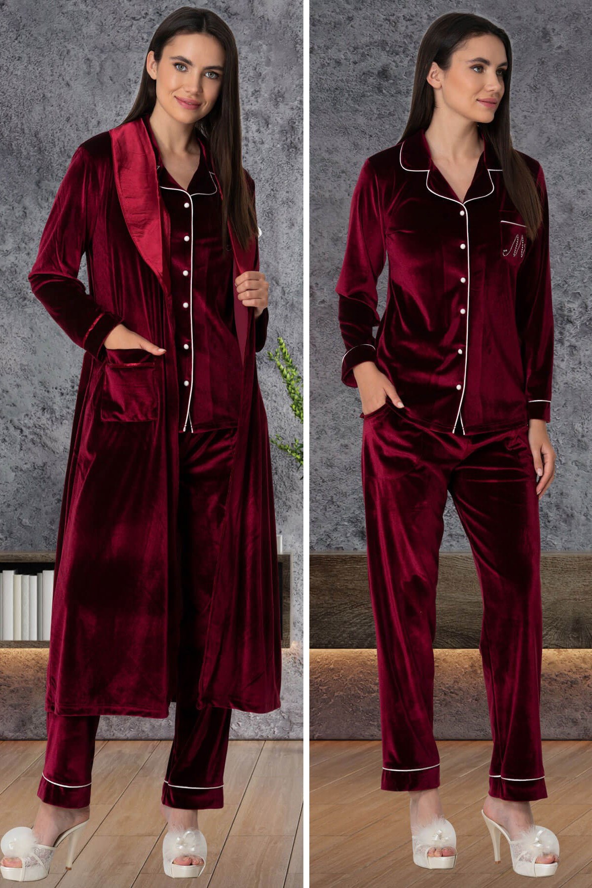 Mecit 5566 Bordo Kadife Sabahlıklı Lohusa Pijama Takımı