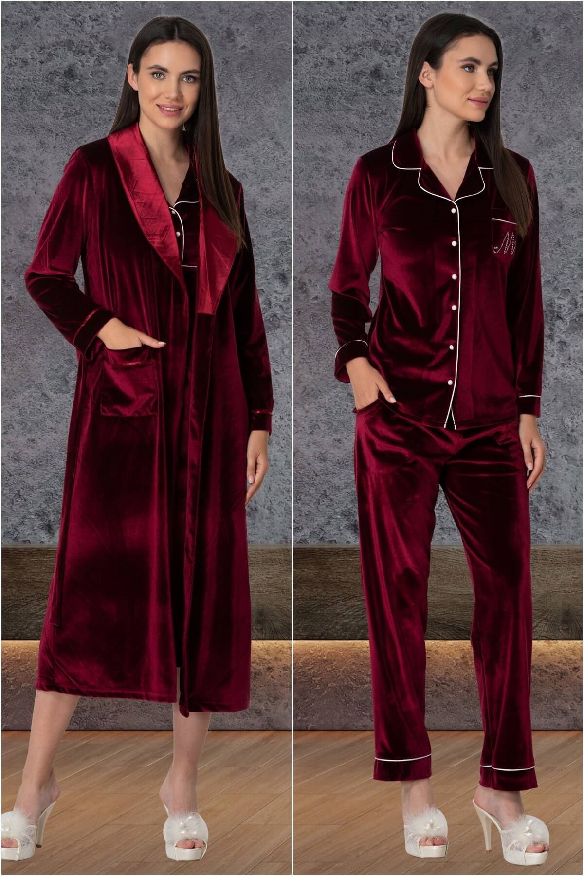 Mecit 5568 Bordo Kadife Lohusa Hamile 4lü Set