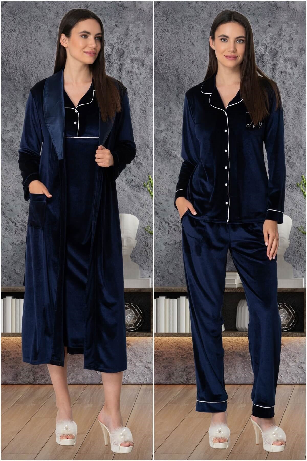 Mecit 5568 Lacivert Kadife Lohusa Hamile 4lü Set