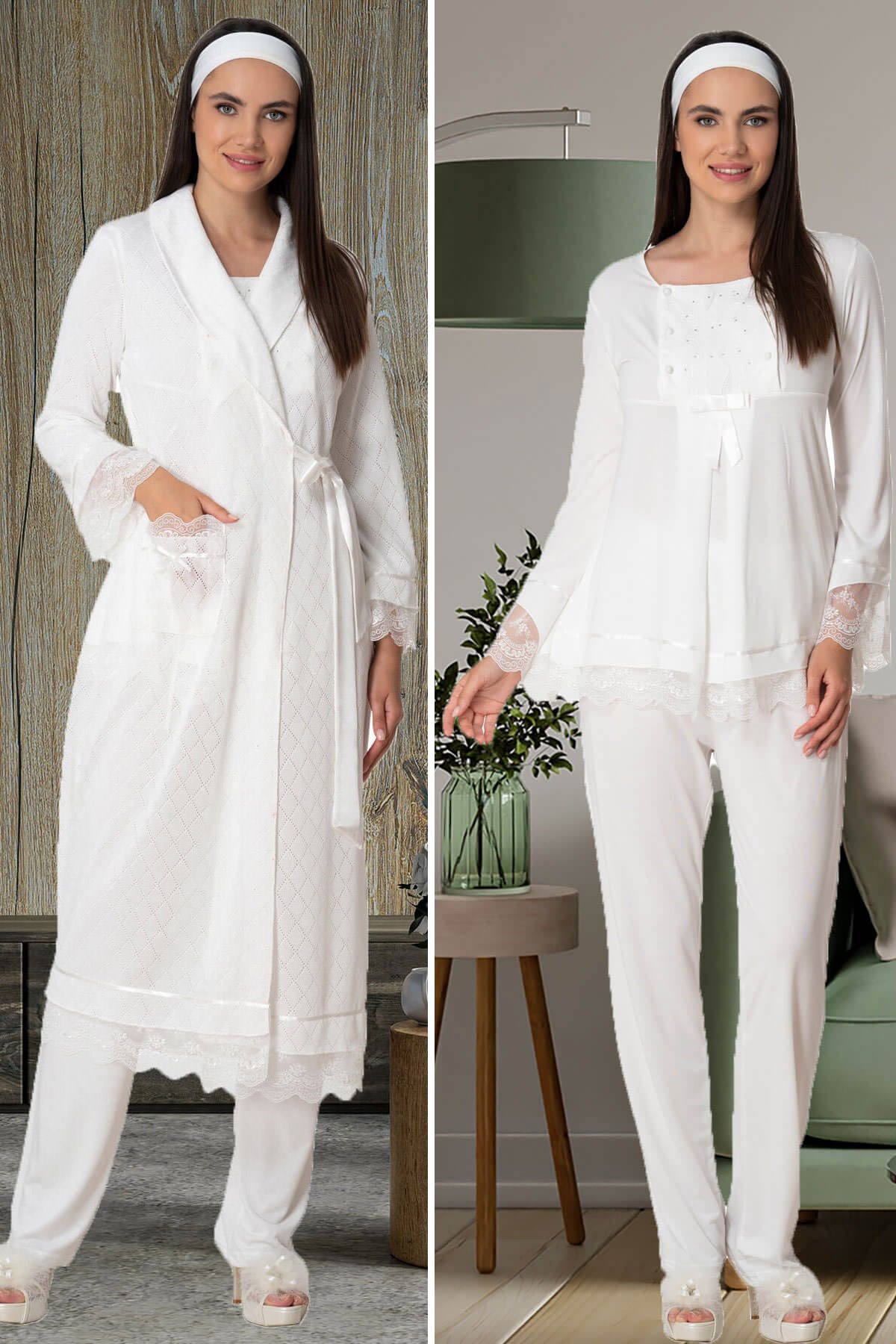 Mecit 5569 Ekru Triko Sabahlıklı Lohusa Pijama Takımı