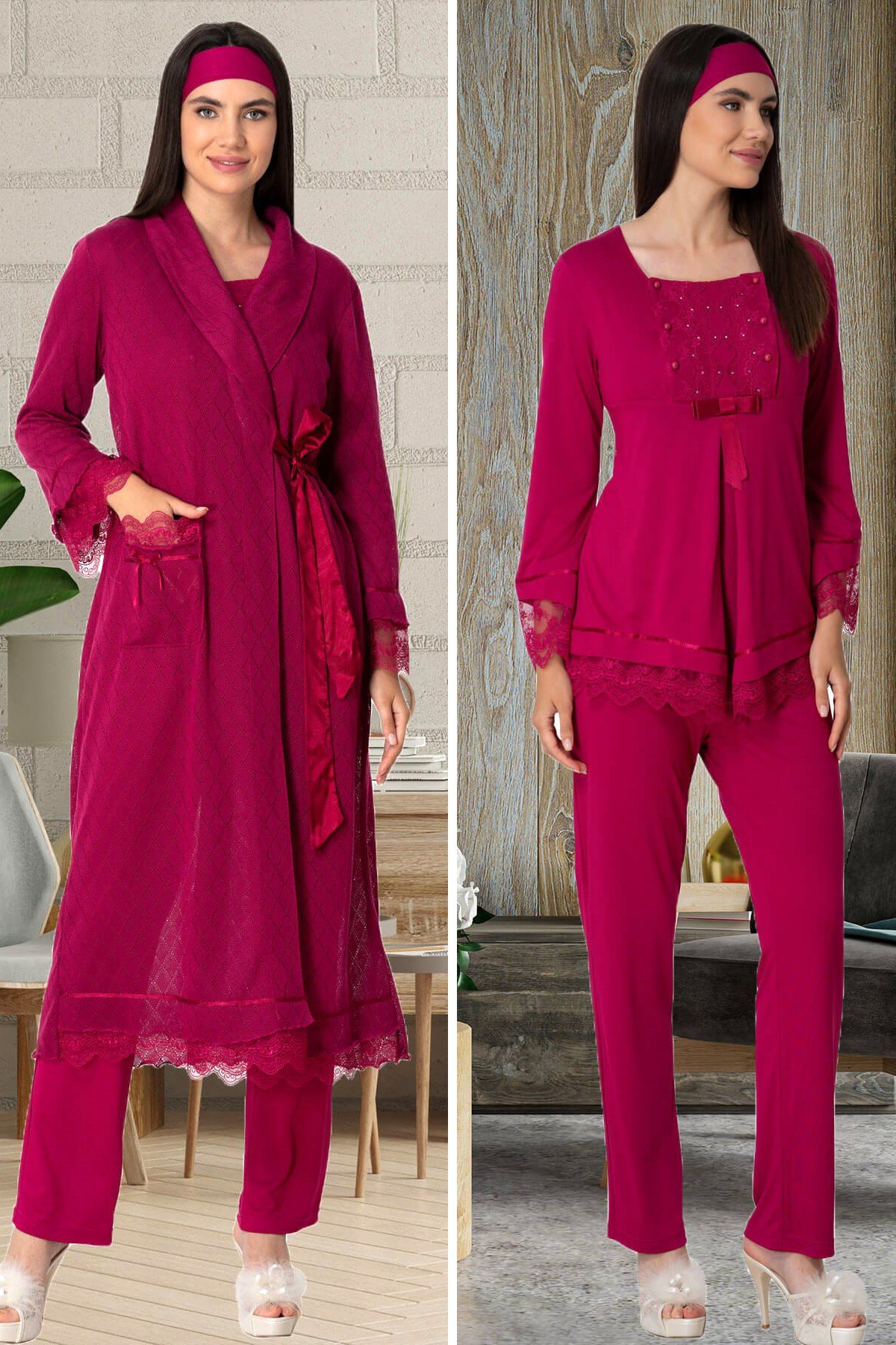 Mecit 5569 Fuşya Triko Sabahlıklı Lohusa Pijama Takımı