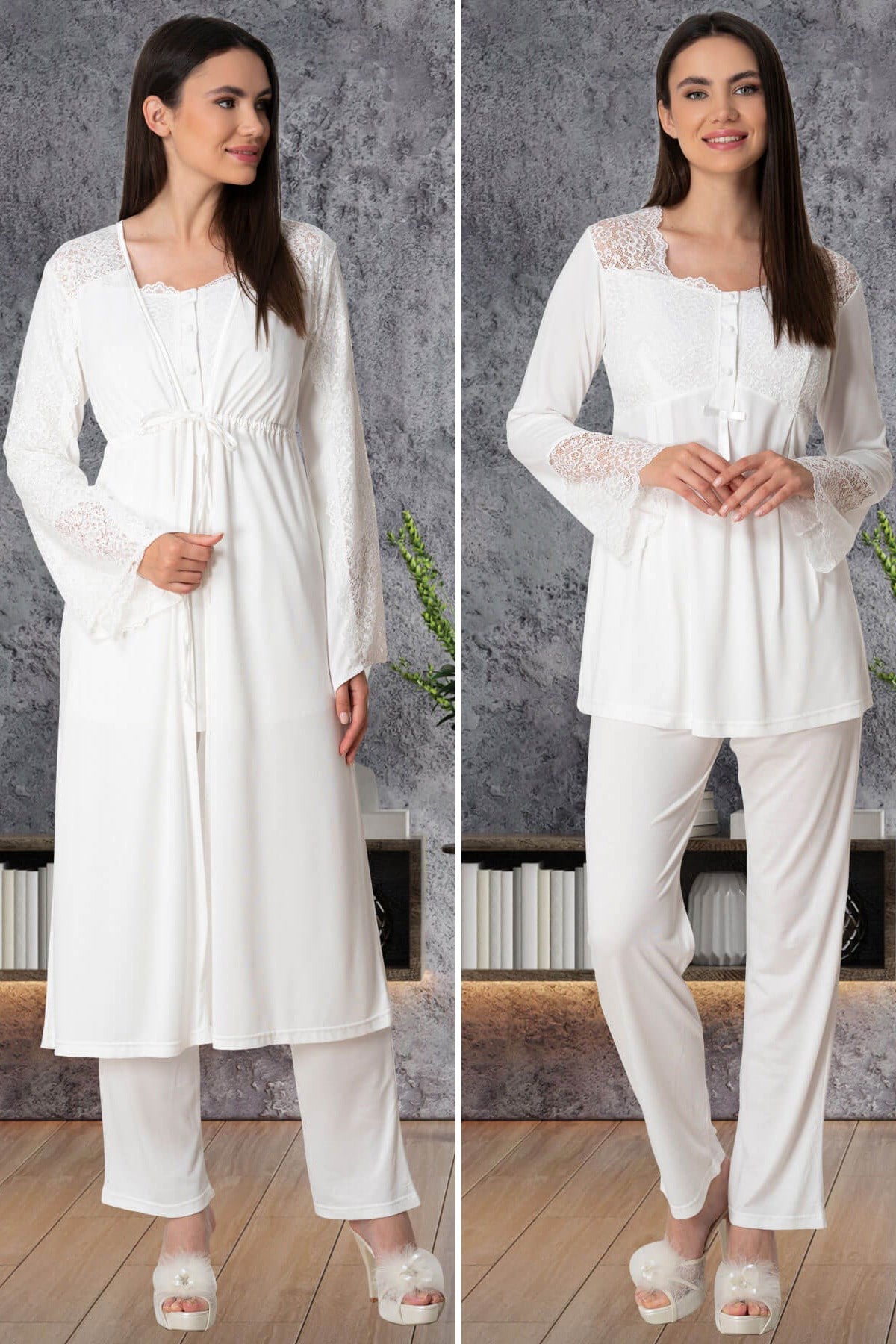 Mecit 5572 Ekru Dantel Sabahlıklı Lohusa Pijama Takımı