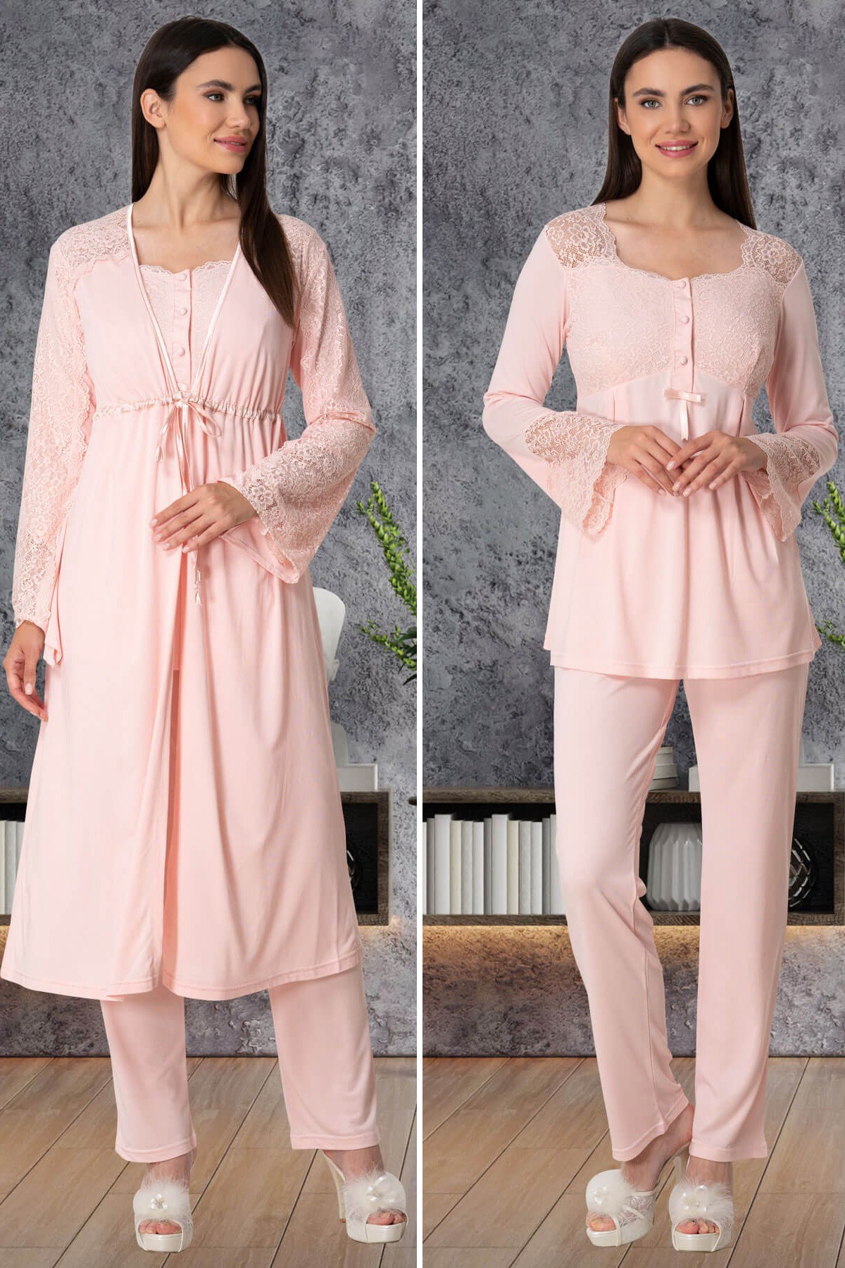 Mecit 5572 Pudra Dantel Sabahlıklı Lohusa Pijama Takımı