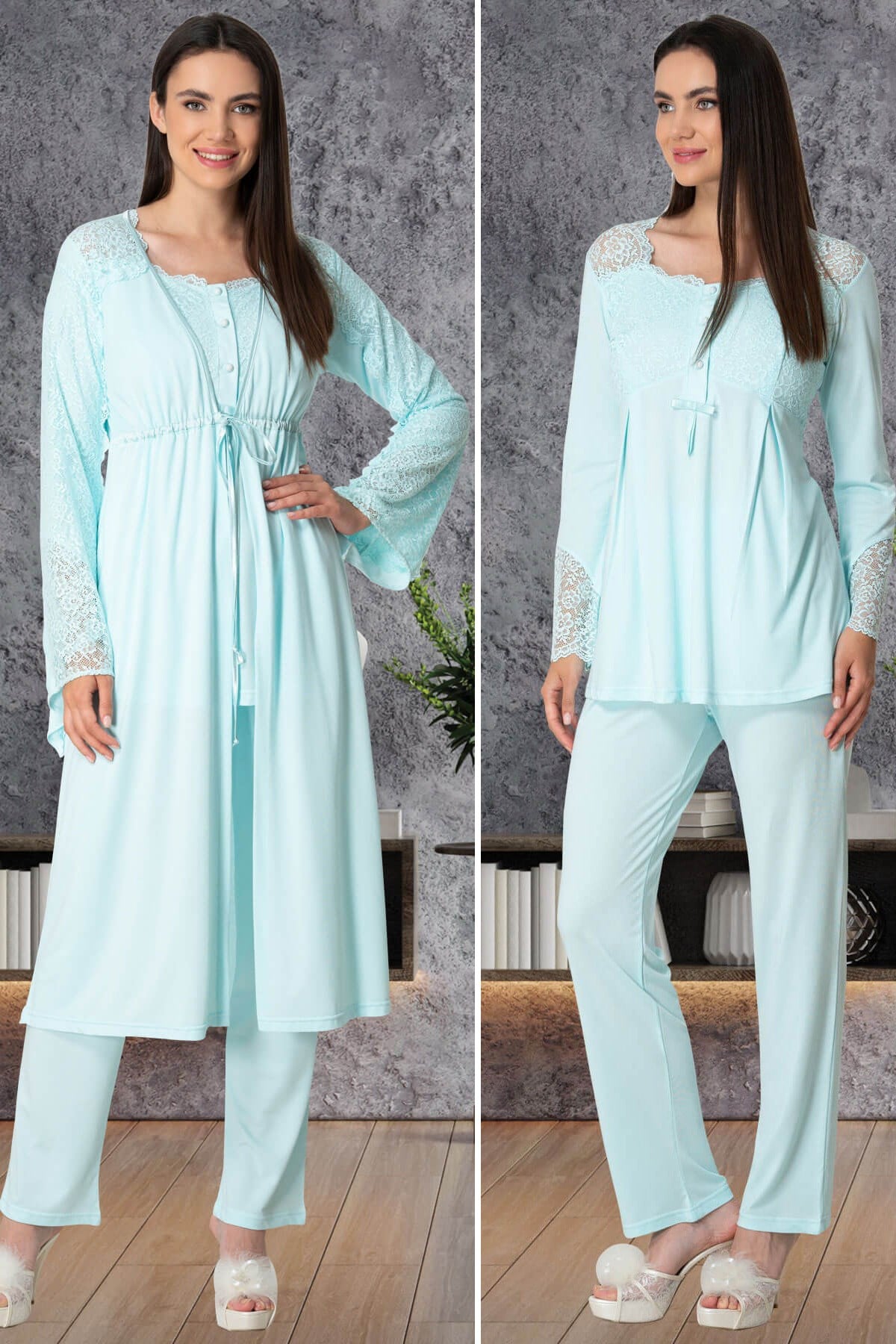 Mecit 5572 Turkuaz Dantel Sabahlıklı Lohusa Pijama Takımı