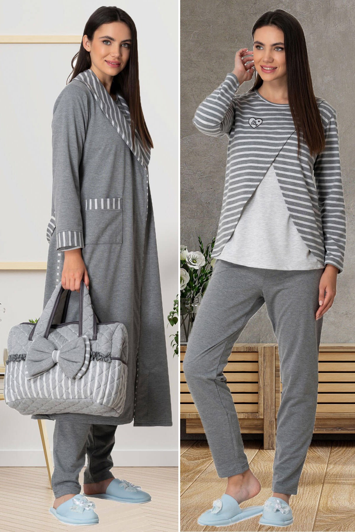 Mecit 5575 Gri Çizgili Sabahlıklı Lohusa Pijama Takımı