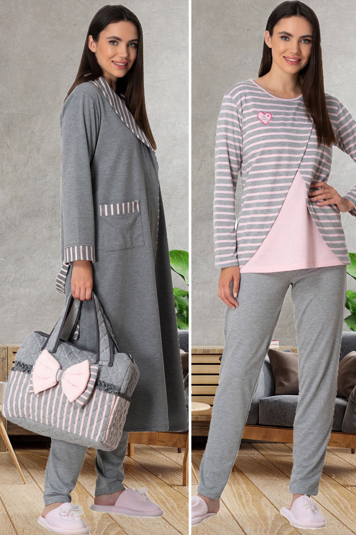 Mecit 5575 Pembe Çizgili Sabahlıklı Lohusa Pijama Takımı