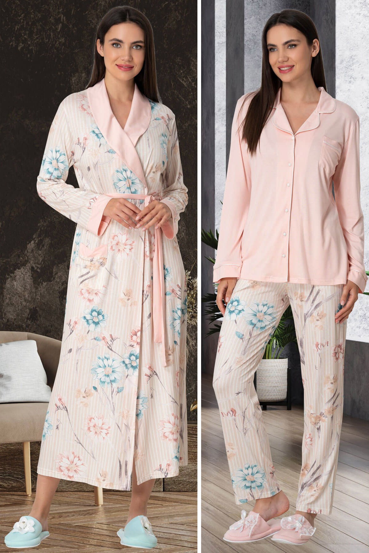 Mecit 5578 Pudra Sabahlıklı Pijama Takımı