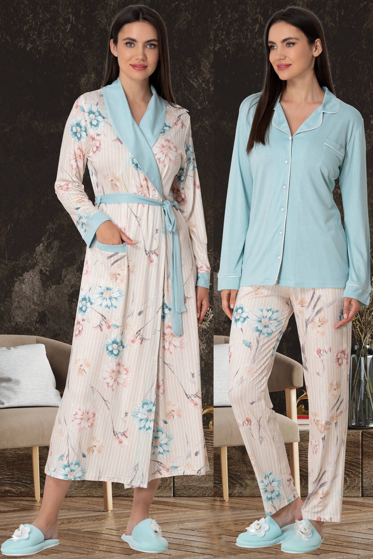 Mecit 5578 Turkuaz Sabahlıklı Pijama Takımı